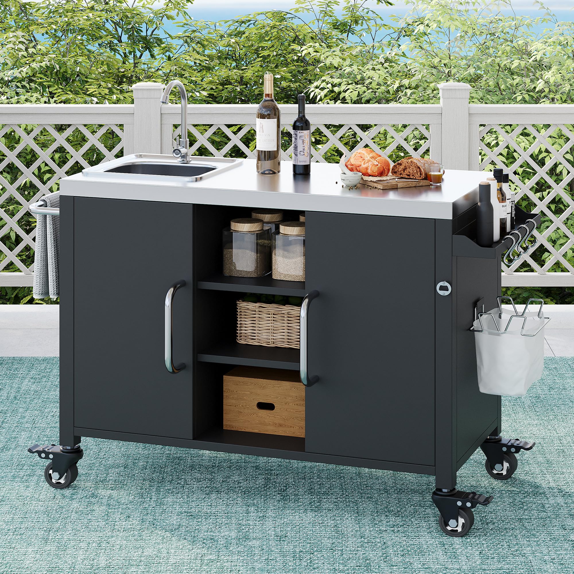 Merax 55.5" Outdoor Kitchen Island, Metal Grill Cart Table with 304 Stainless Steel Sink, Outdoor Bar Cart Sink Station with 4 Lockable Wheels for Pizza Prep & BBQ, Black