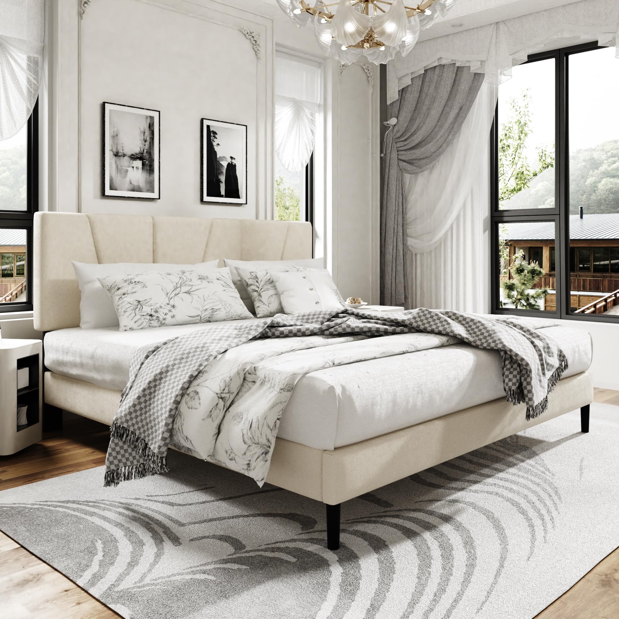 King Size Platform Bed Frame with Upholstered Headboard, Wooden Slats Support, Noise Free, No Box Spring Needed, Easy Assembly, Beige, Velvet