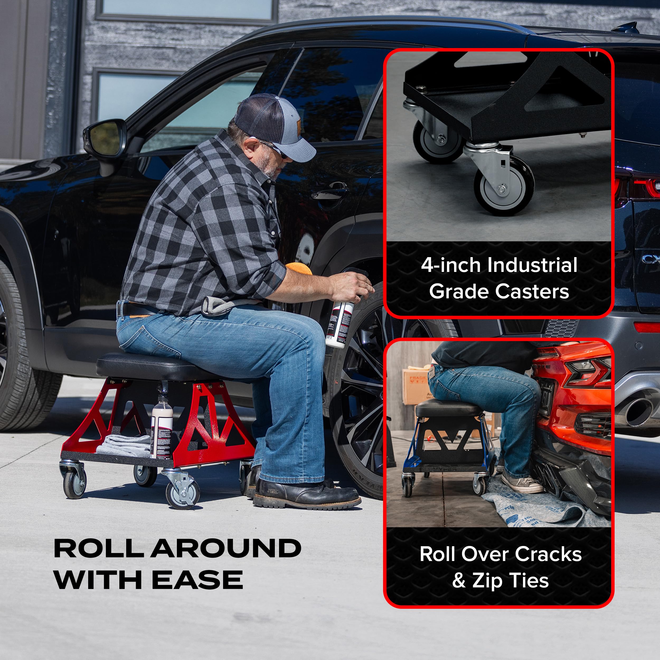 Vyper Low Pro Garage Stool with Removable Seat for Mechanics, Automotive, DIY - 400 lb Capacity Rolling Shop Chair (Black Seat, Red Frame)