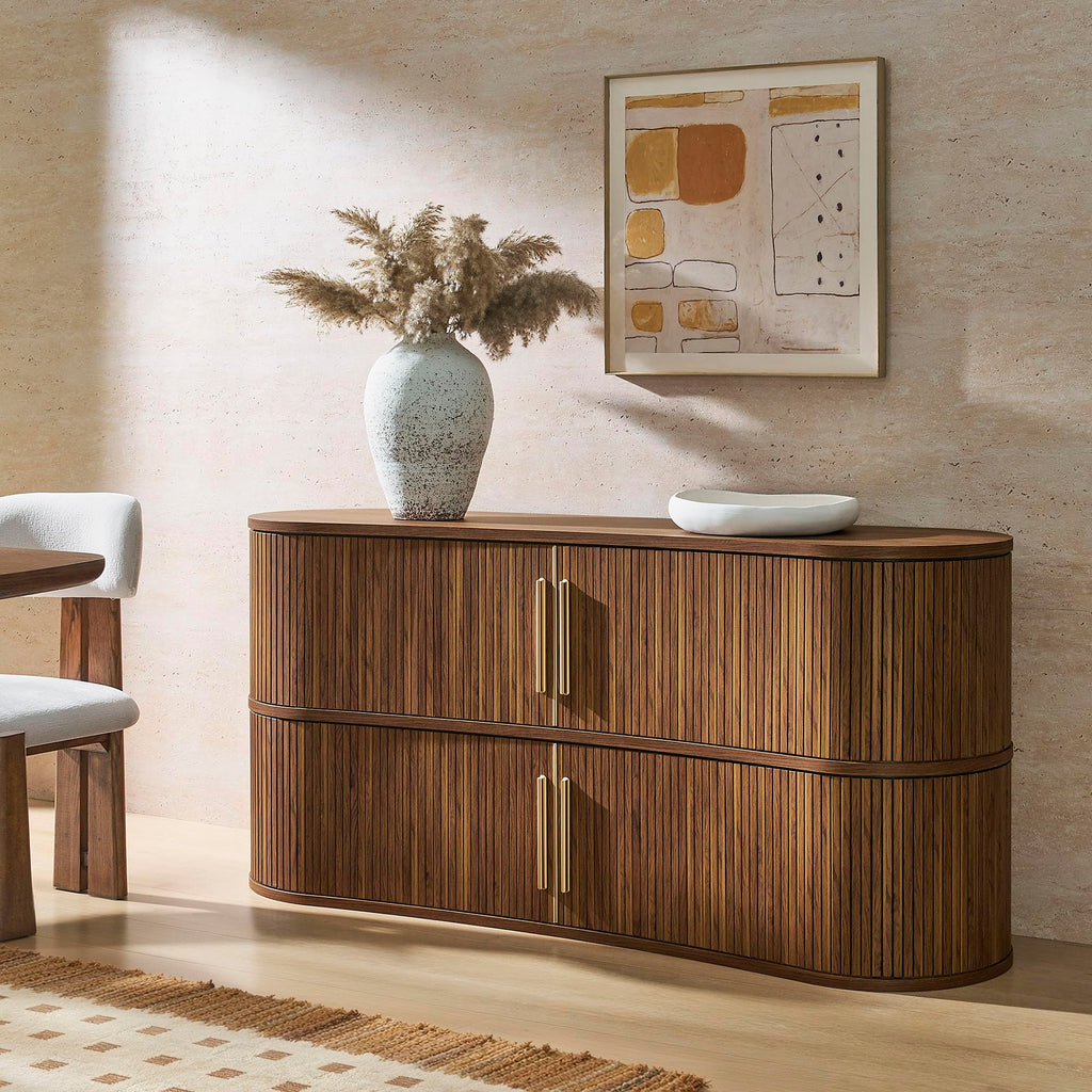 Radcliffe 63" Inch Curved Fluted Sideboard Buffet Cabinet in Walnu