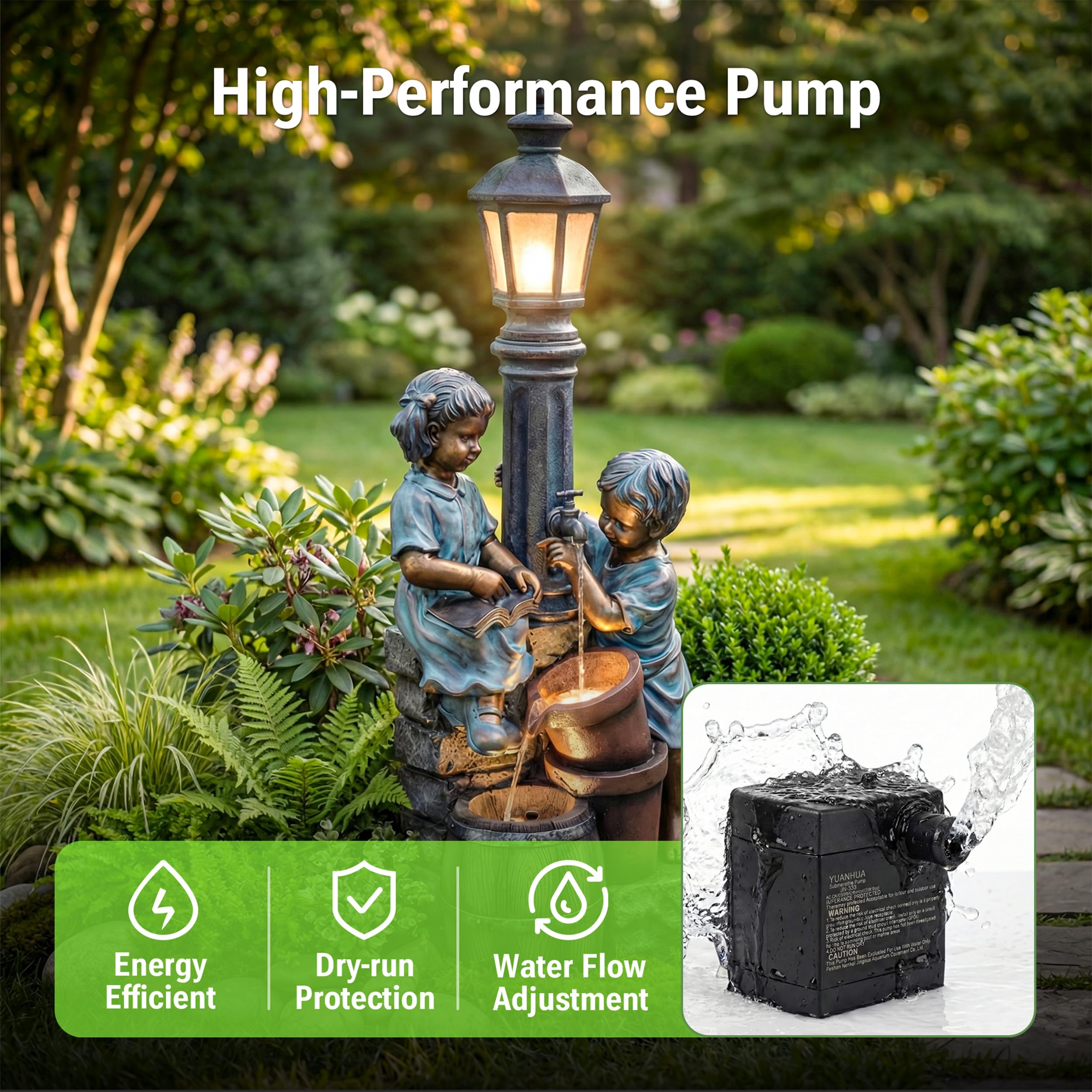 Dalxo 47-Inch Outdoor Water Fountain, 3-Tier Boy and Girl Resin Waterfall Fountain, with Soothing Water Sound & 3 Warm LED Lights, Home Decor for Garden, Patio, Yard, Deck or Lawn in Brown and Blue