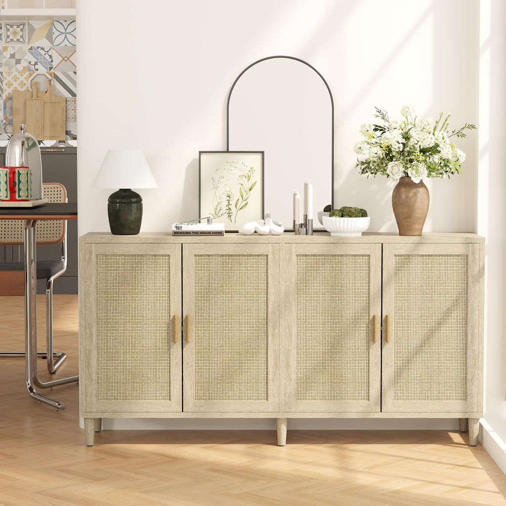 GDFStudio 70.08" Modern 4-Door Sideboard Buffet Cabinet, Rattan MDF Credenza Storage Cabinet with Adjustable Shelves, Bohe Console Table with Solid Wood Legs for Living Room Kitchen Hallway, Natural