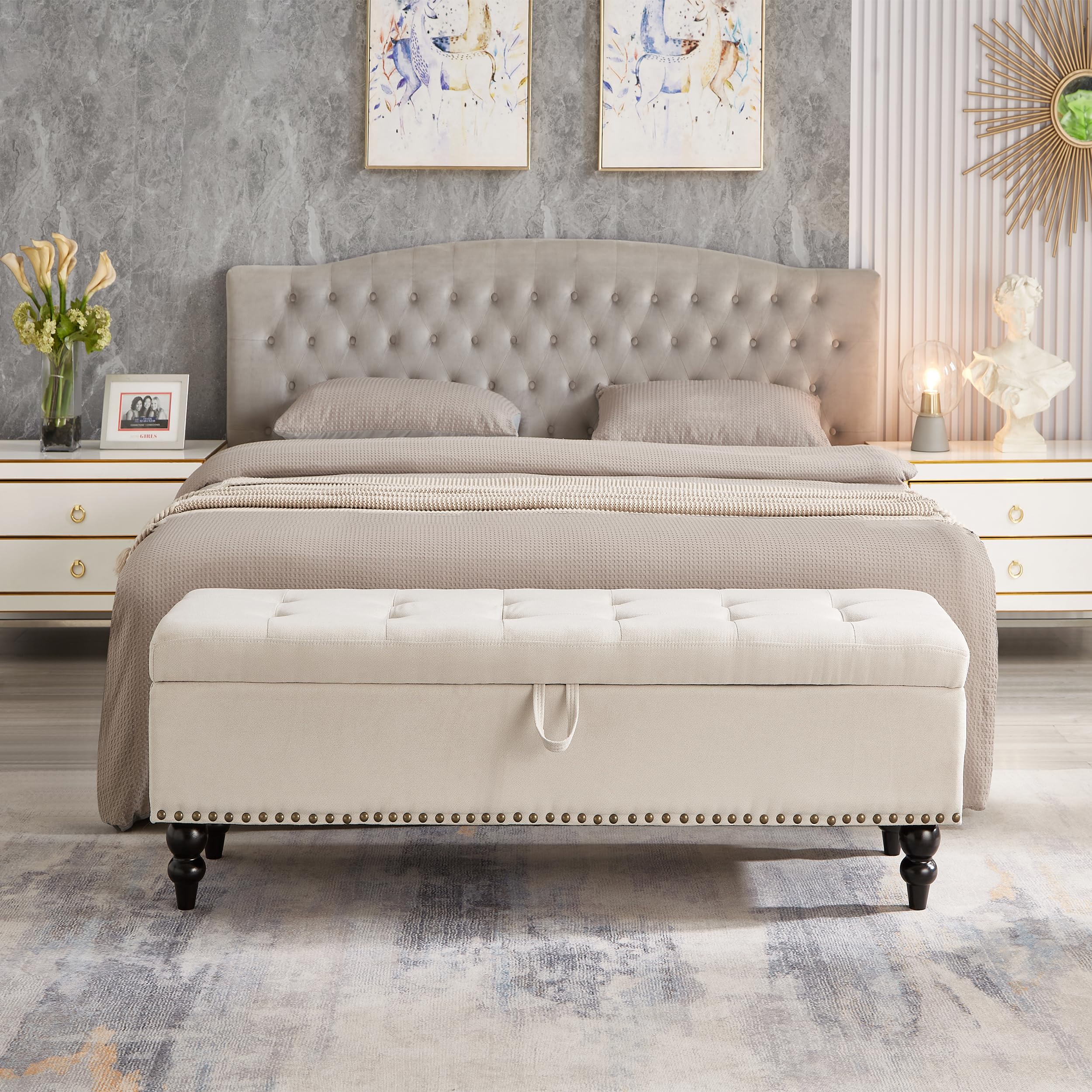 GDFStudio 59" Mid-Century Modern Rectangle Storage Ottoman Bench, Button Tufted Lift-Top Linen Ottoman Foot Rest with Solid Legs and Nailhead Trim, Upholstered Oversized Pouf for Living Room, Beige