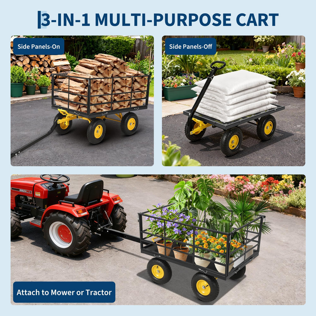 1400 LB Heavy Duty Garden Wagon Cart – 13" All-Terrain Tires, 3-in-1 Utility Yard Trailer with Removable Side Panels, Outdoor Metal Wagon for Lawn, Yard, Backyard