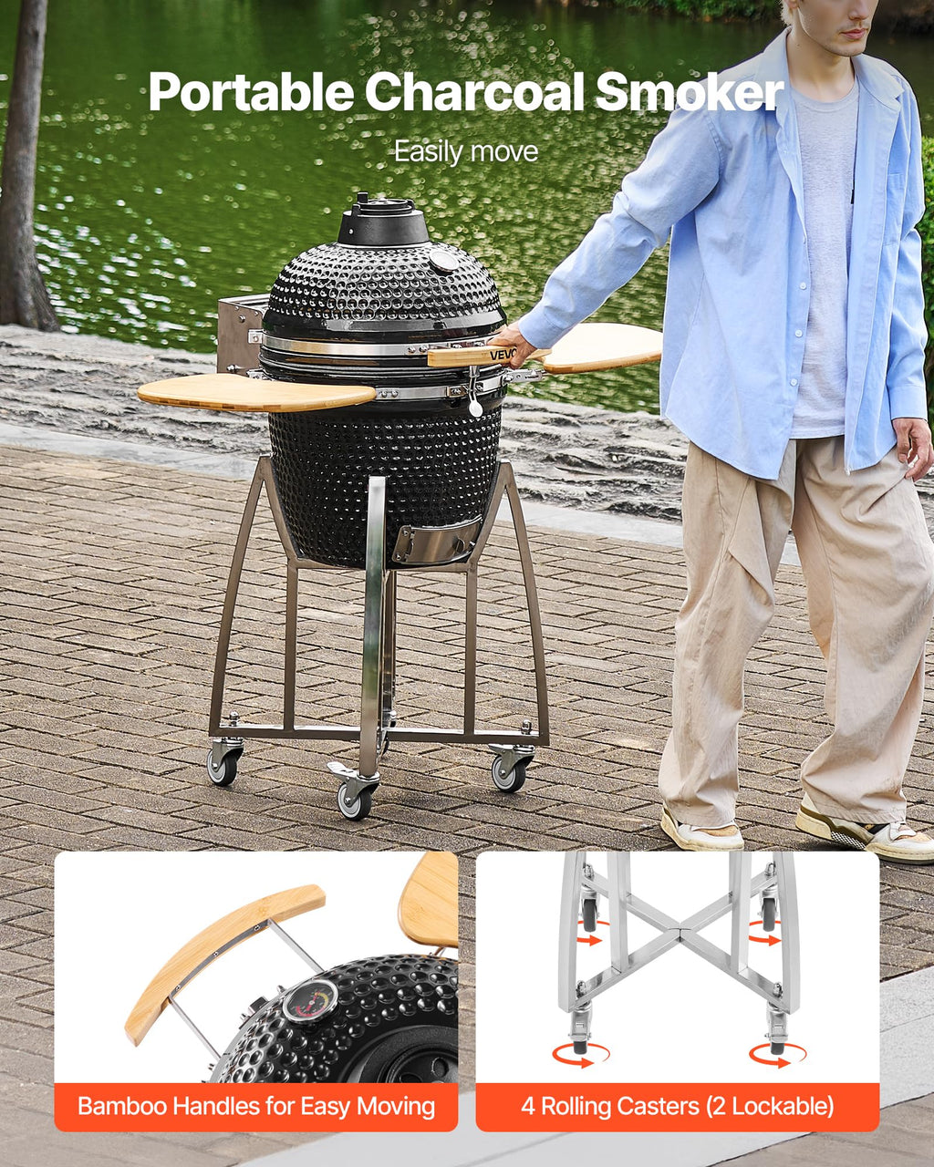 VEVOR Charcoal Smoker and Grill, 18" Kamado Charcoal BBQ Smoker, Movable Ceramic Barbecue Grill with 4 Wheels (2 Lockable), Built-in Thermometer, Air Vents & Side Shelf for Outdoor Patio Yard Cooking