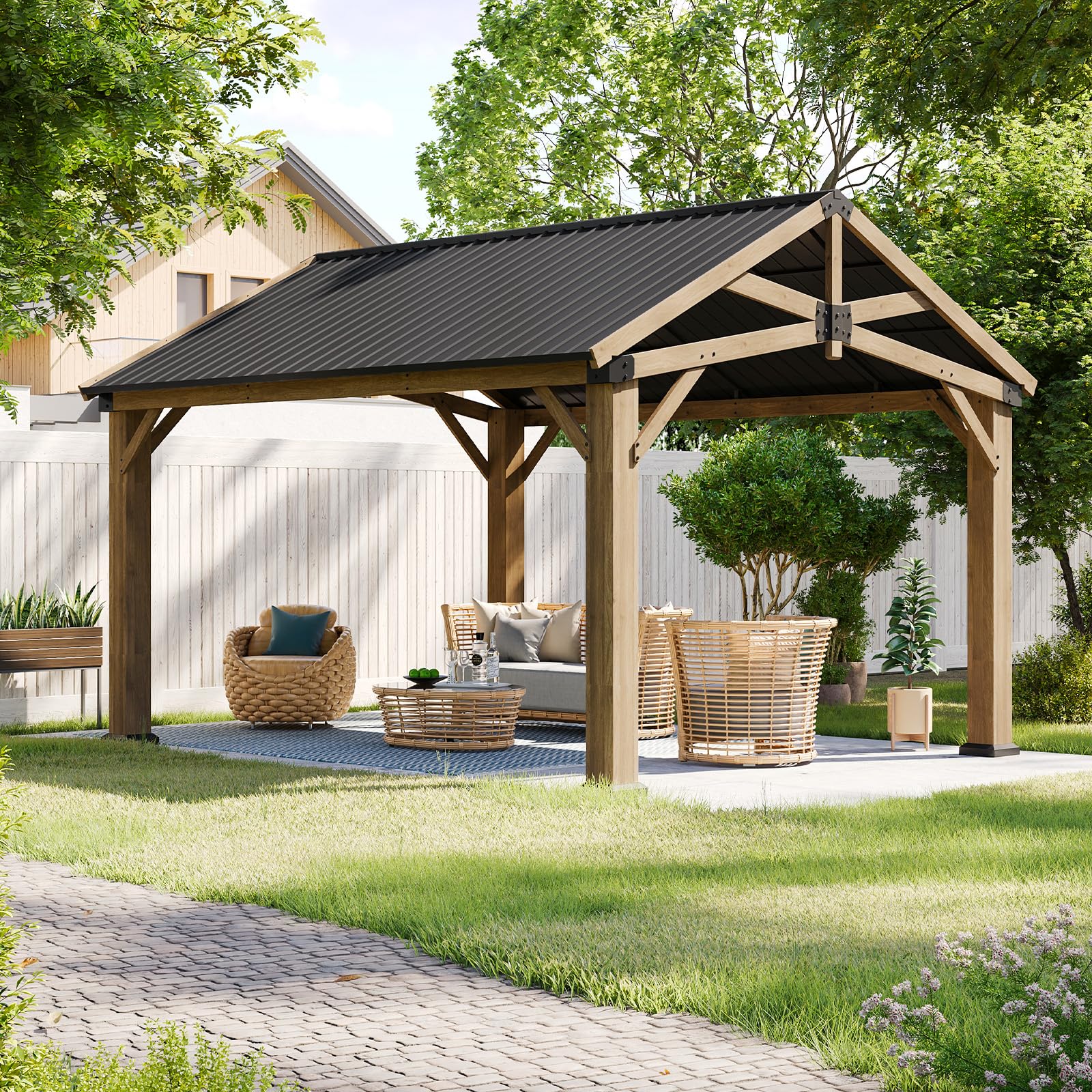 LET’S Patio 12' x 14' Outdoor Cedar Wood Gazebo, Hardtop Gazebo Permanent Wooden Pavilion with Galvanized Steel Gable Roof, for Deck, Garden, Patio, Garden