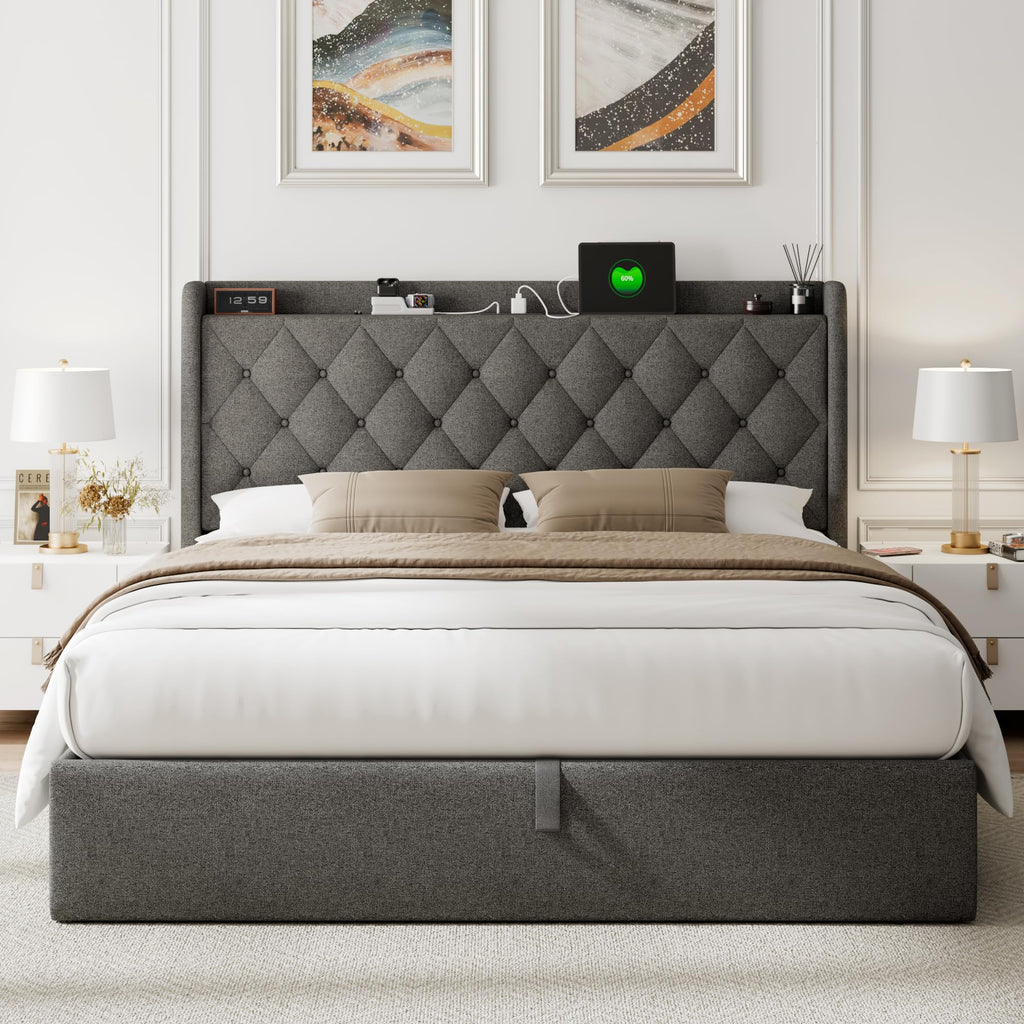 Feonase Queen Bed Frame with Storage & Charging Station - Hydraulic Lift Up Platform Bed, Upholstered Button Tufted Headboard, Sturdy Wooden Slats, Noise-Free, No Box Spring Needed, Dark Gray