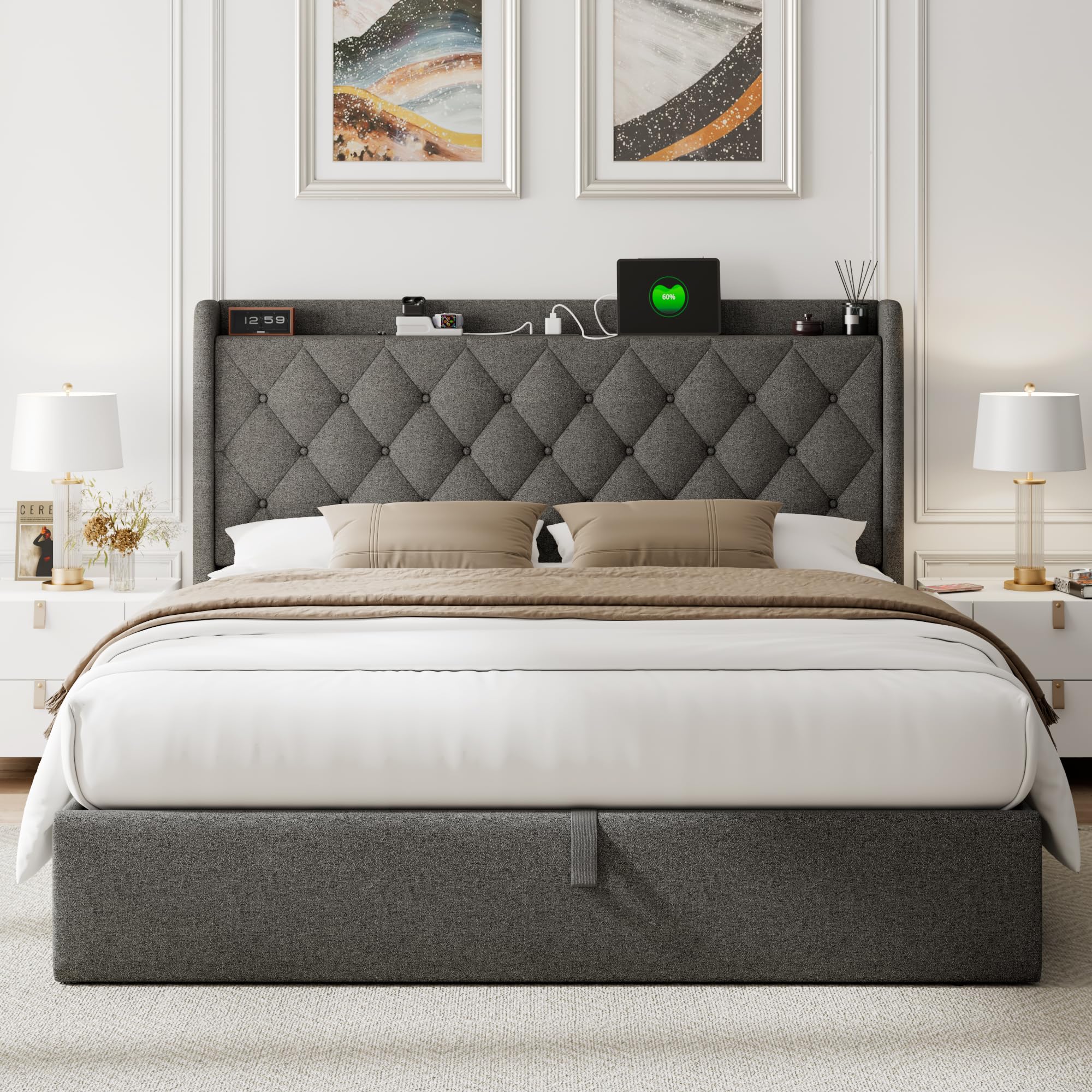 Feonase Queen Bed Frame with Storage & Charging Station - Hydraulic Lift Up Platform Bed, Upholstered Button Tufted Headboard, Sturdy Wooden Slats, Noise-Free, No Box Spring Needed, Dark Gray