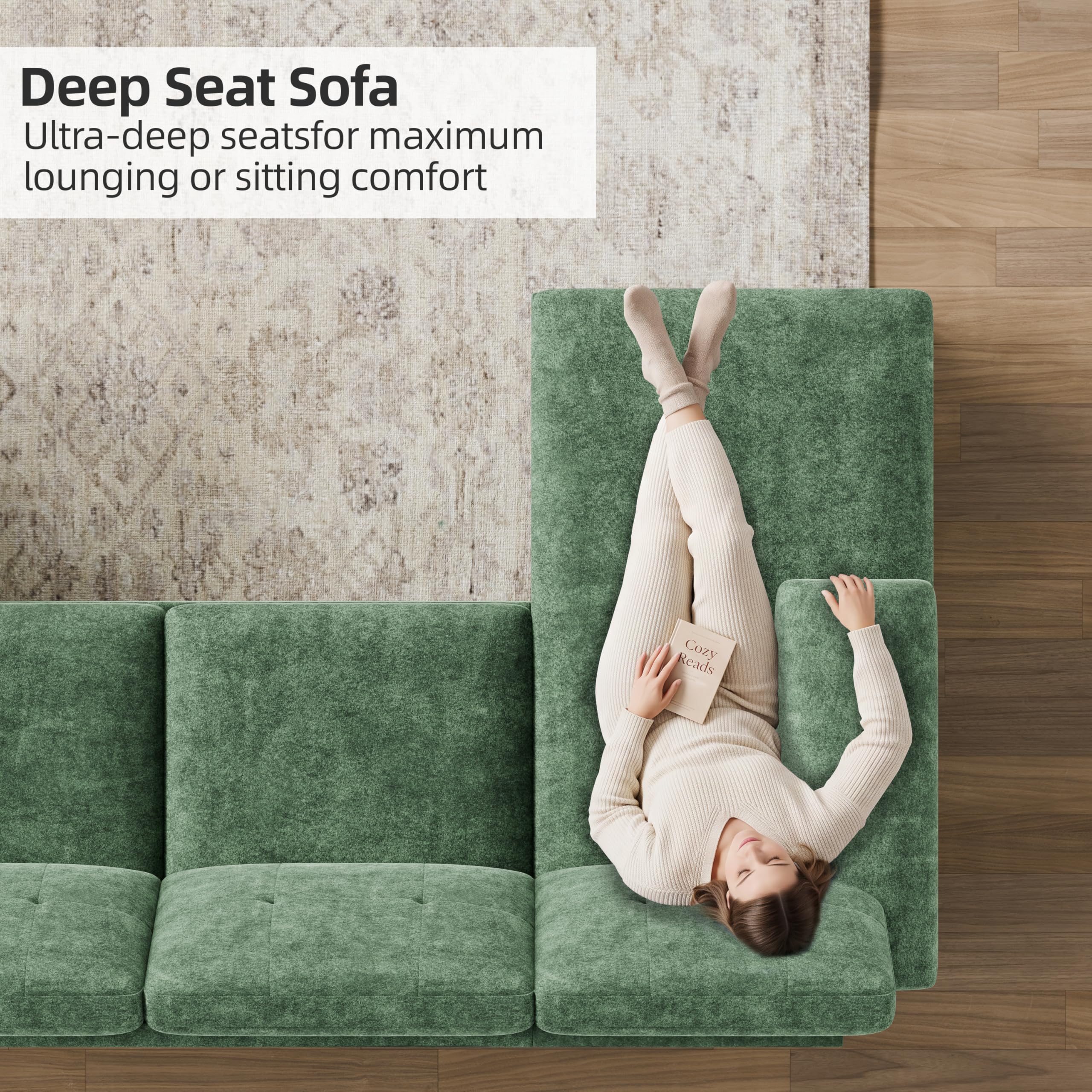 Shintenchi U-Shaped Sectional Couches for Living Room, 4 Seat Sofa with Double Chaise Lounges,Solid Wood Frame Sectional Sofa for Apartment,Green