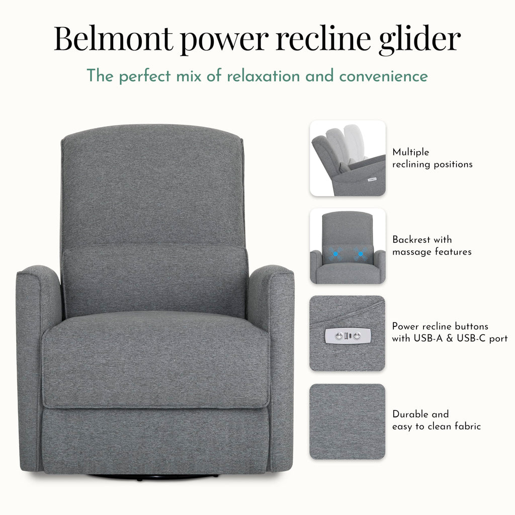 Evolur Belmont Nursery Glider Chair with Massager in Cosmic Grey, Power Recliner with 275° Swivel, Lumbar Support Modern Rocking Chair for Baby Room, Nursery & Living Room