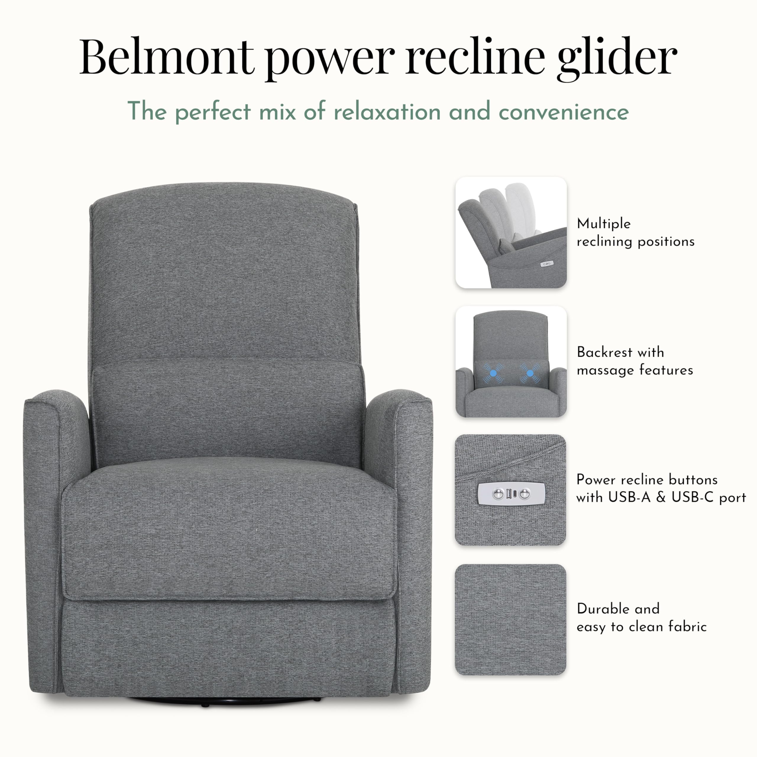 Evolur Belmont Nursery Glider Chair with Massager in Cosmic Grey, Power Recliner with 275° Swivel, Lumbar Support Modern Rocking Chair for Baby Room, Nursery & Living Room