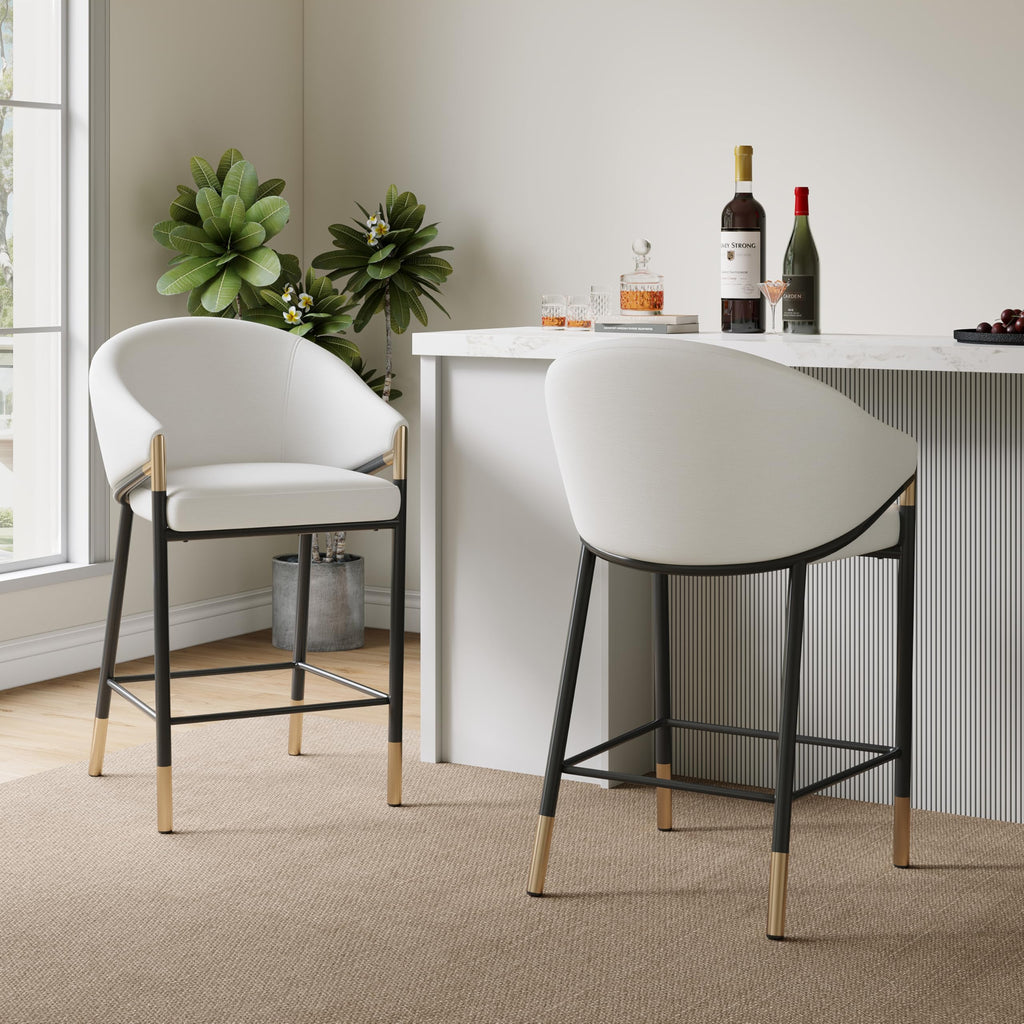 Christopher Knight Home Jymer Modern Counter Stool Set of 2, Kitchen Counter Height Bar Stool, Cocktail Stool with Curved Backrest, Fabric Upholstered Armchair for Home Bar Table, Beige+Gold+Black