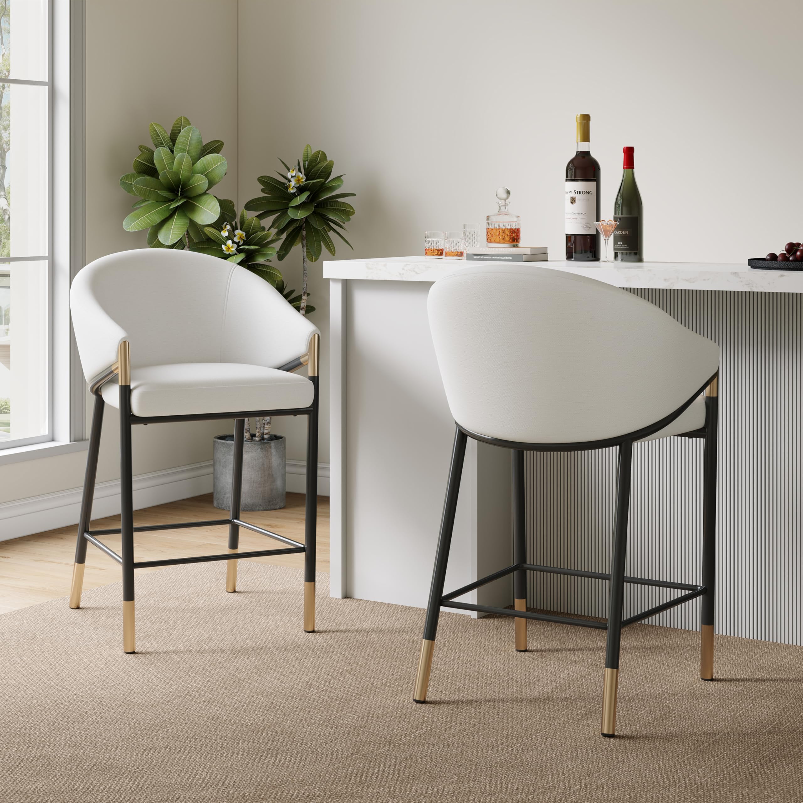Christopher Knight Home Jymer Modern Counter Stool Set of 2, Kitchen Counter Height Bar Stool, Cocktail Stool with Curved Backrest, Fabric Upholstered Armchair for Home Bar Table, Beige+Gold+Black