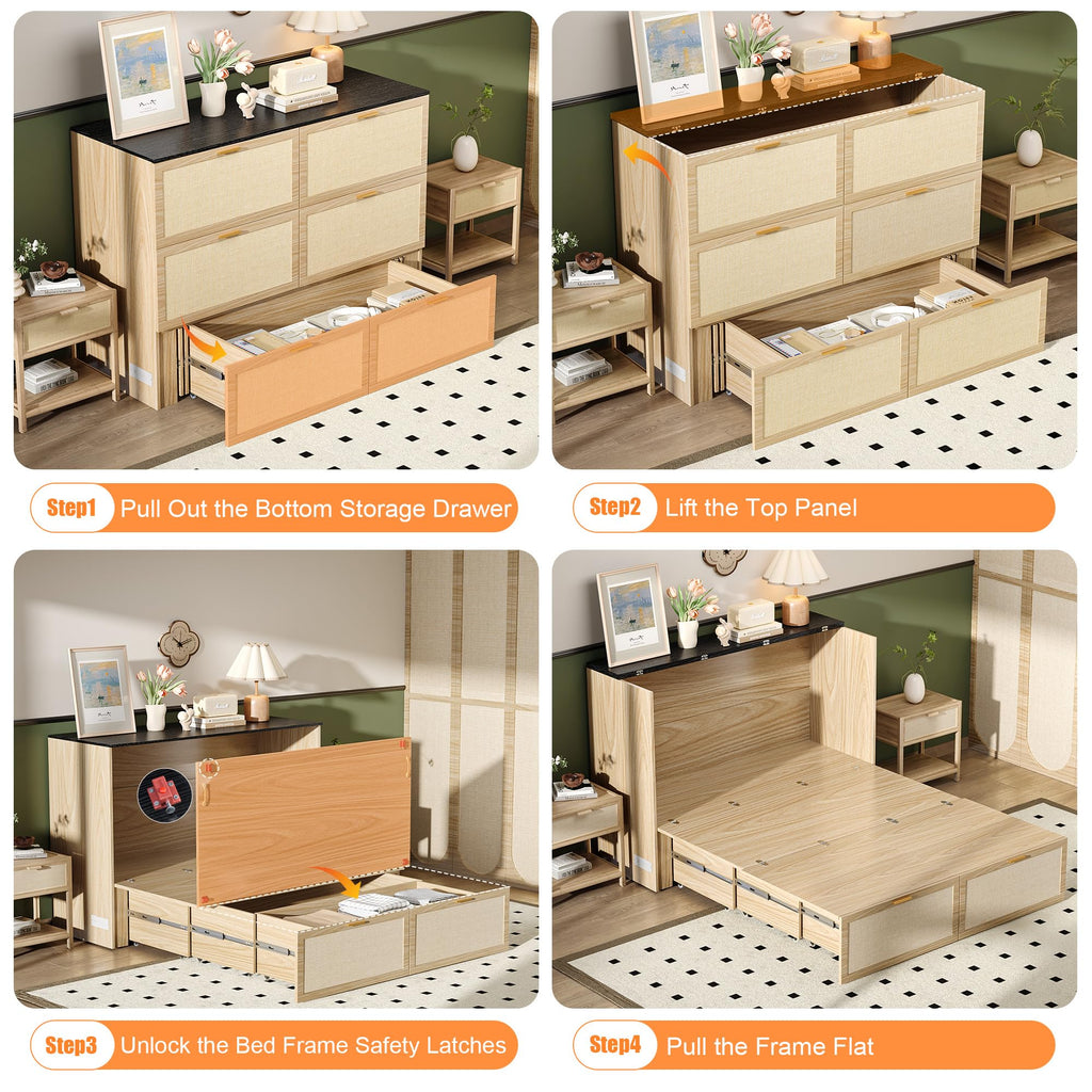 VINGLI Queen Size Rattan Murphy Bed with Storage Drawer,2 Charging Station, Boho,Hideaway Paltform Panel Bed for Small Spaces,Guest Room,Office,Apartment, Space-Saving Cabinet Bed,Oak White
