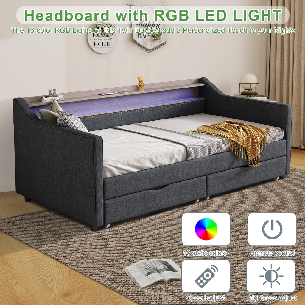 Ball & Cast Twin Size Daybed Frame with Storage Drawers and 2-Tier Shelf,Modern Linen Upholstered Sofa Bed w/Charging Station,Smart LED Light,Wood Slats Support,for Livingroom,Apartment,Dark Grey