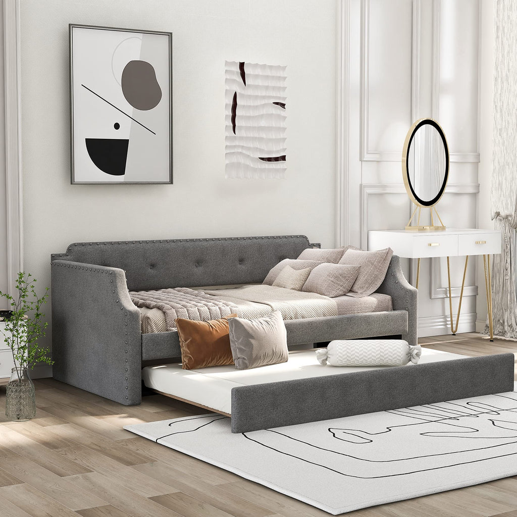 Merax Upholstered Daybed with Trundle, Wood Slat Support,Upholstered Frame Sofa Bed, Twin, Gray