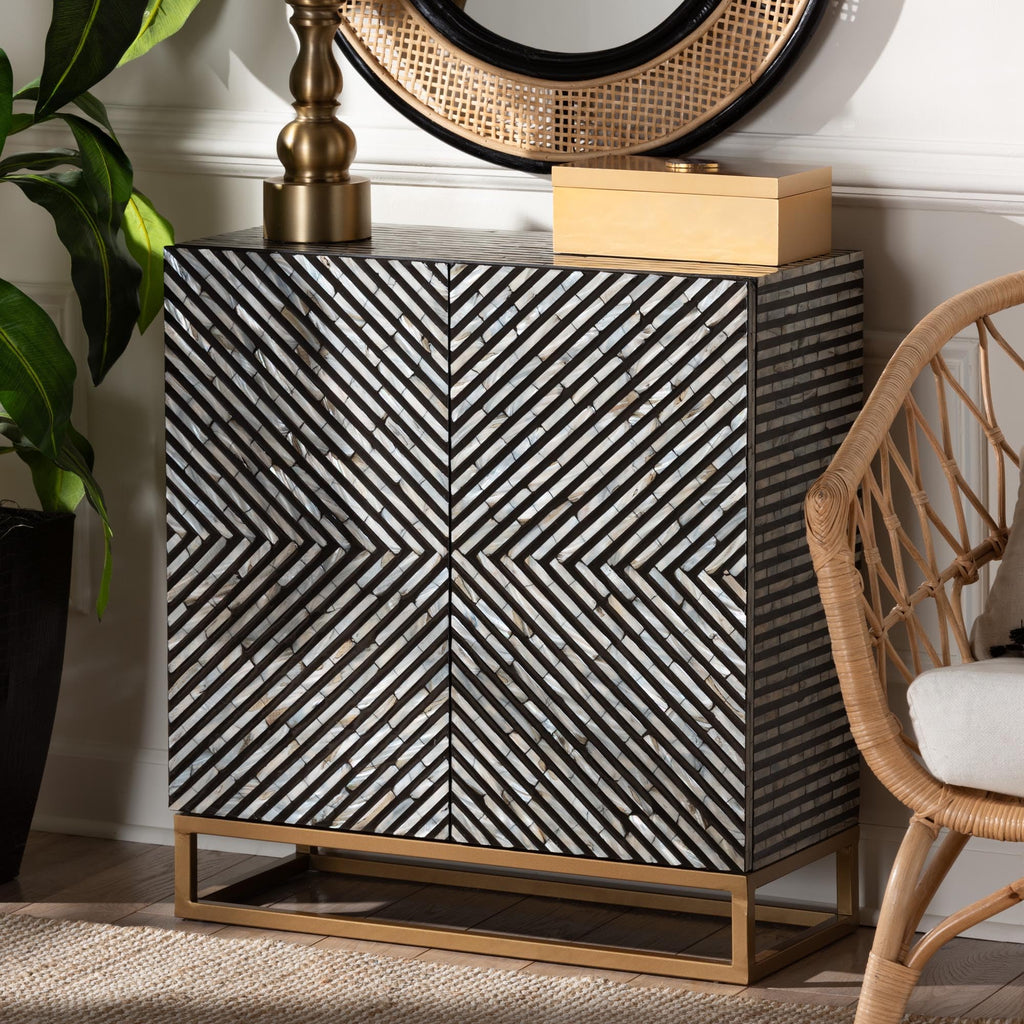 Baxton Studio Belenus Modern Bohemian Herringbone Black Mother of Pearl Storage Cabinet