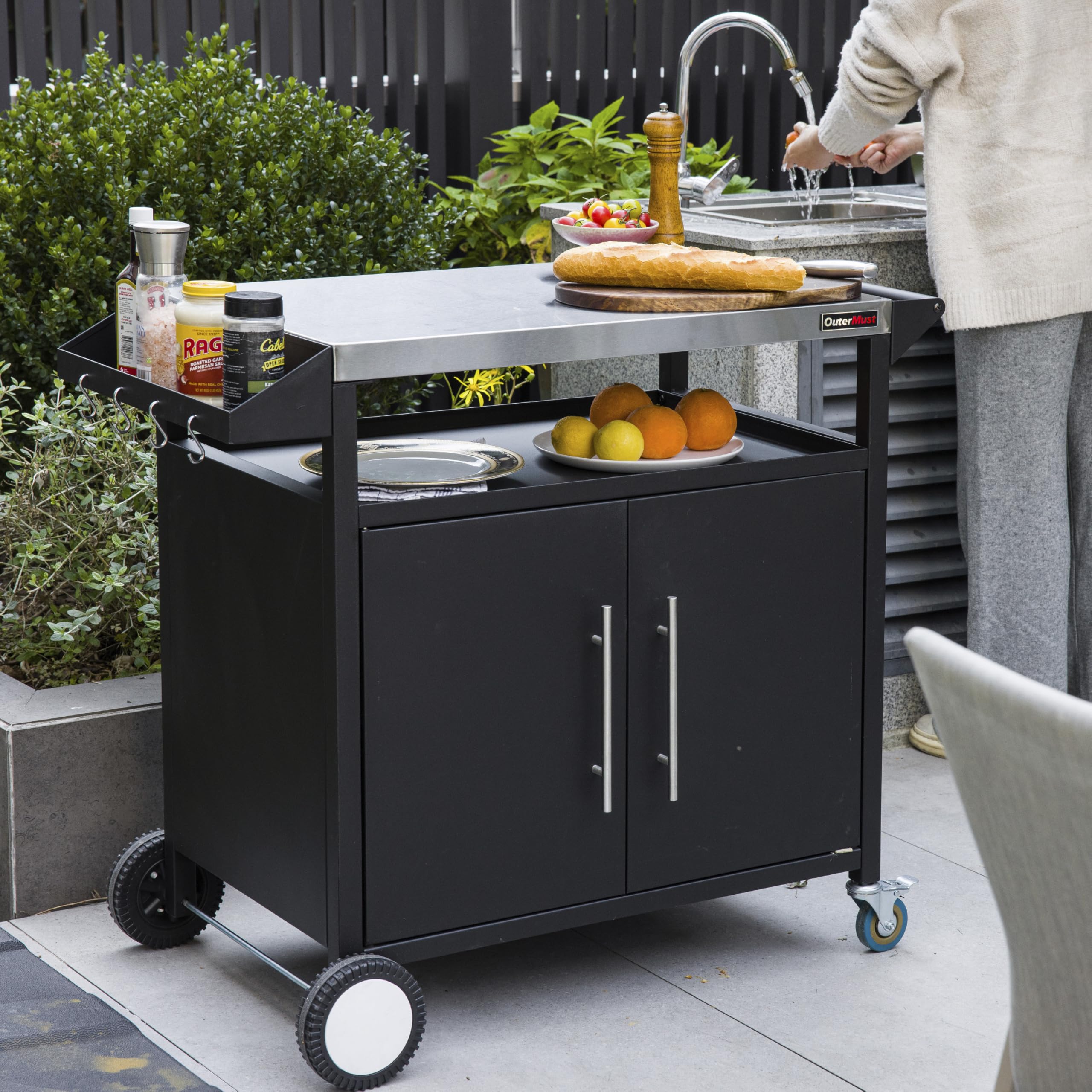 OuterMust Grill Table Outdoor Kitchen Cabinet, Moveable Outdoor Prep Table & Bar for Storage, Grilling and Pizza Oven, Multifunctional Silver & Black