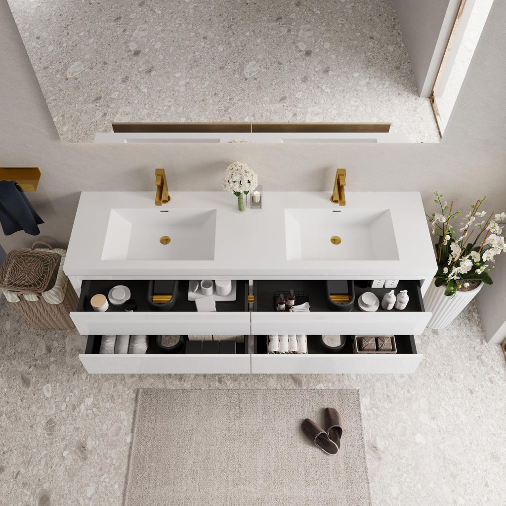 GDFStudio 72" Wall Mounted Double Sink Bathroom Vanity, Floating Vanity with Stone Resin Countertop, Floating Bathroom Storage Cabinet with Soft Close Drawers, Pre-Assembled Base, Glossy White