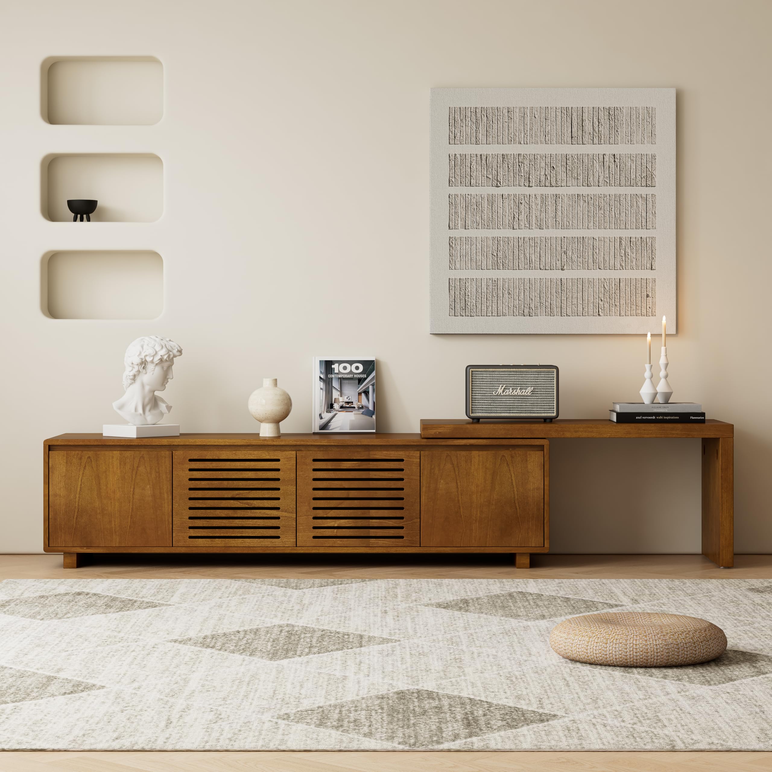 KEIKI 63" Mid-Century Modern Extendable TV Stand for TVs up to 75", Adjustable Entertainment Center with Storage, Farmhouse Media Console Cabinet with Fluted Wood Grain Design, Brown