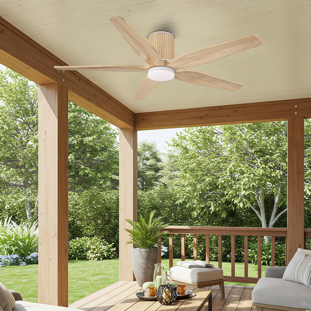 LEDLUX 54" Ceiling Fan with Light - Low Profile Flush Mount Ceiling Fan, 6-Speed Remote Control, Solid Wood, Quiet Reversible DC Motor, Wood/White Finish, for Bedroom, Living Room, Porch