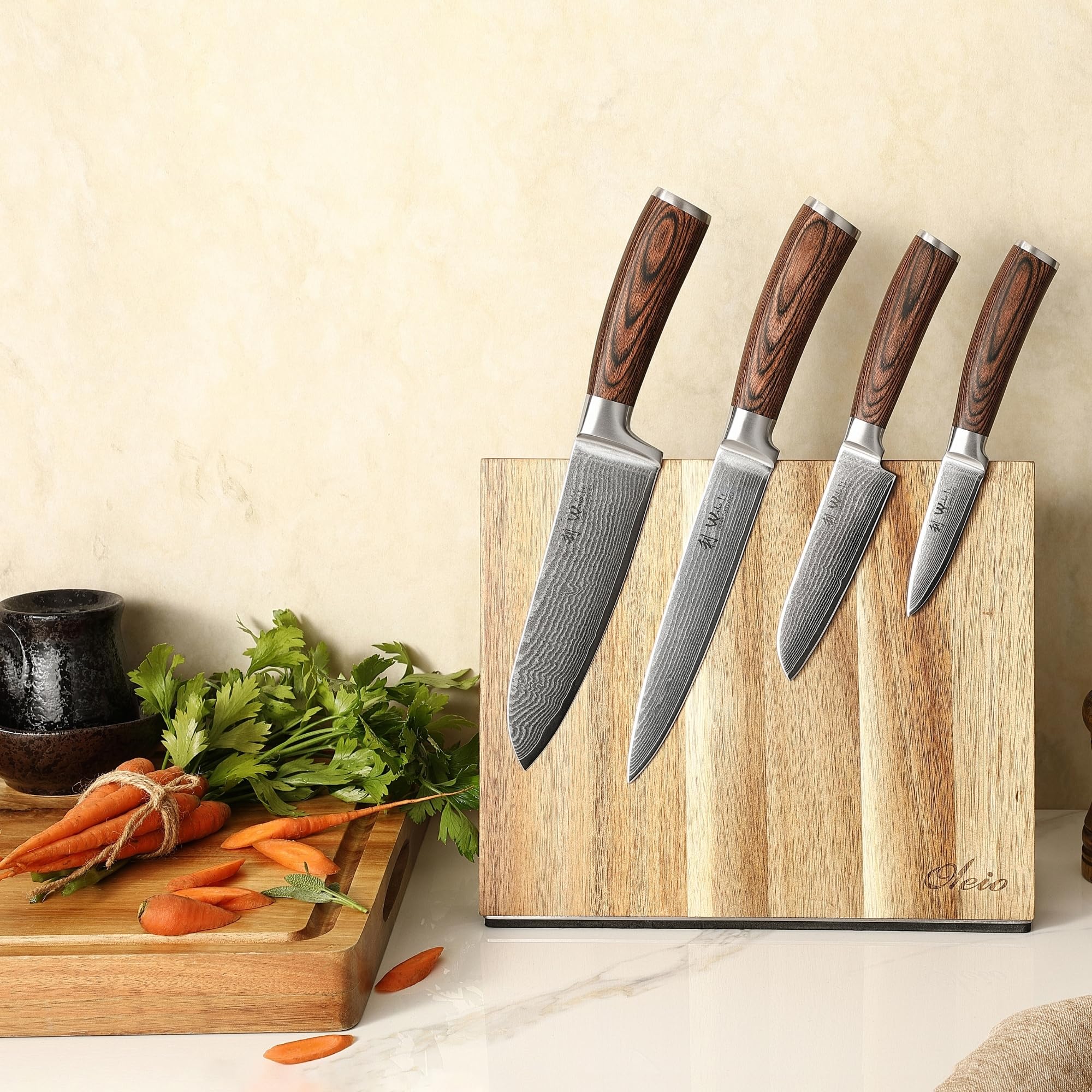 Wakoli EDIB 4-Piece Damascus Knife Block Set – Professional Kitchen Knives with Magnetic Acacia Block, 67-Layer Damascus Steel Blades and Ergonomic Pakkawood Handles – Premium Knife Set with Block