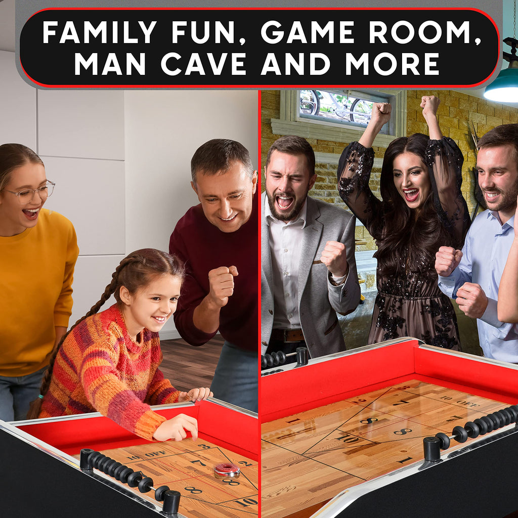 Shuffleboard Table, 9ft Poly Coated Surface, with Accessories, Abacus Style Scoring, Fast Puck Action Play, Indoor and Outdoor Portable Arcade Shuffle Board Game Table for Kids and Adults