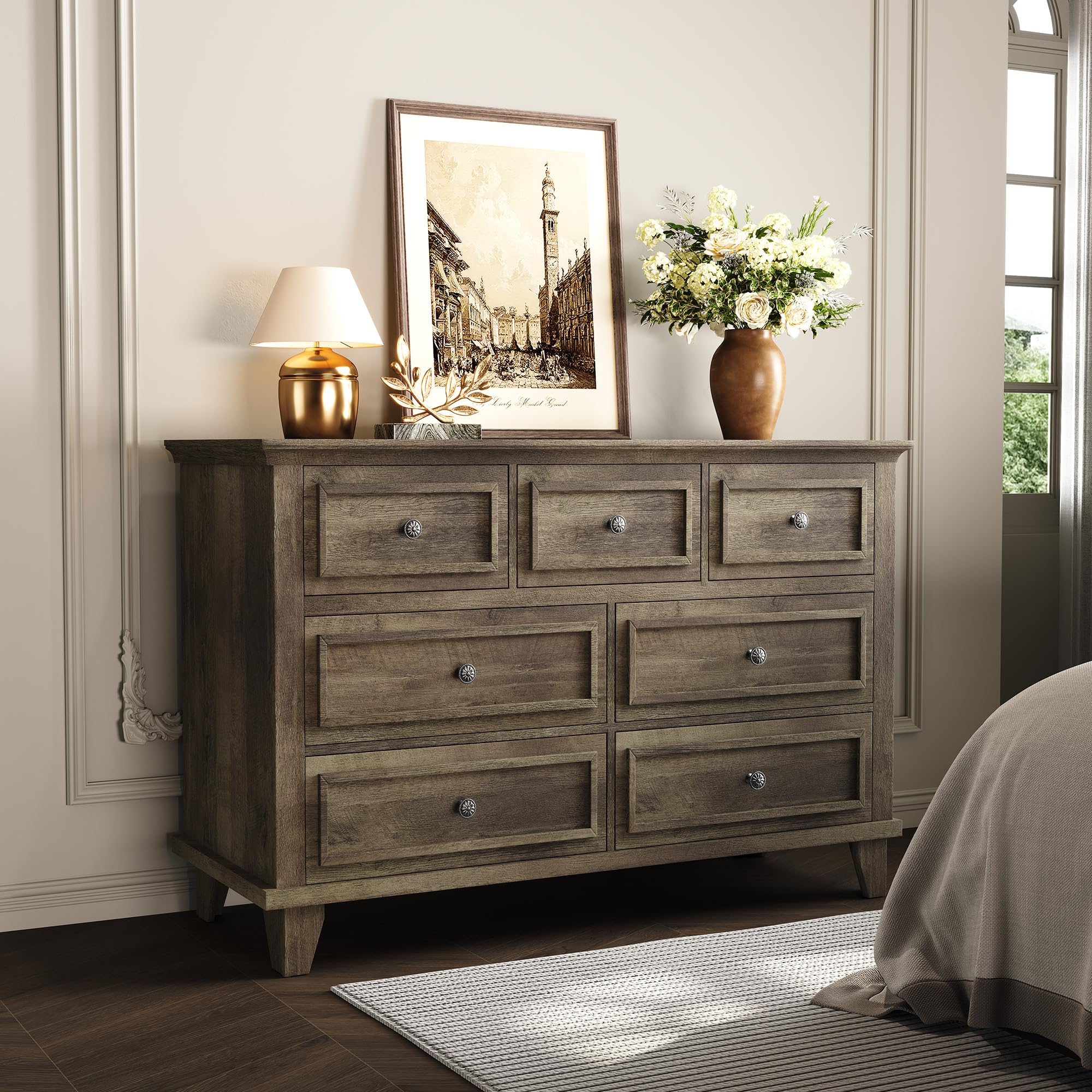 IDEALHOUSE 7 Drawer Dresser, Large Wooden Storage Chest of Drawers with Exquisite Metal Handles, 47" Wide Dresser TV Stand, Drawer Organizer for Bedroom, Living Room, Hallway, Entryway, Grey