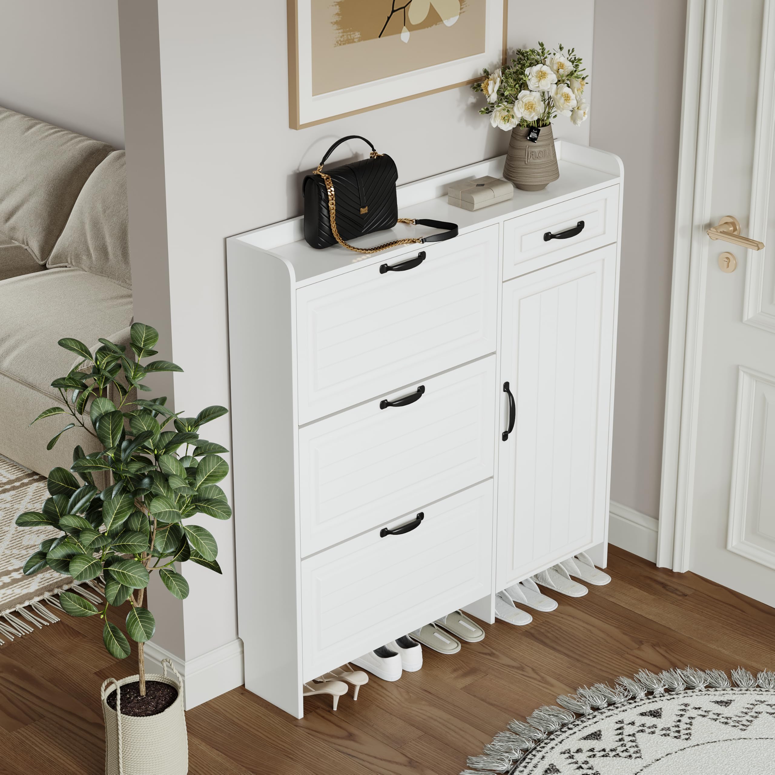 Ball & Cast Shoe Storage Cabinet with 3 Flip Drawers & 1 Drawer, Freestanding Hidden Shoe Organizer with Legs for Entryway, Narrow Shoe Rack Cabinet for Living Room,White