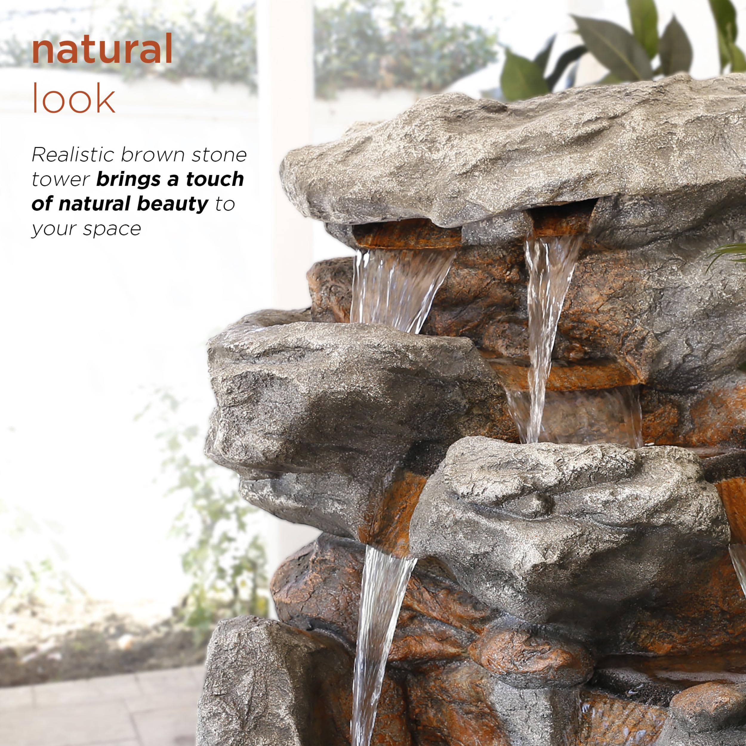 Alpine Corporation WIN730 Outdoor Floor Tiered Rock Waterfall Fountain with LED Lights and Natural Stone Look, 52", Brown
