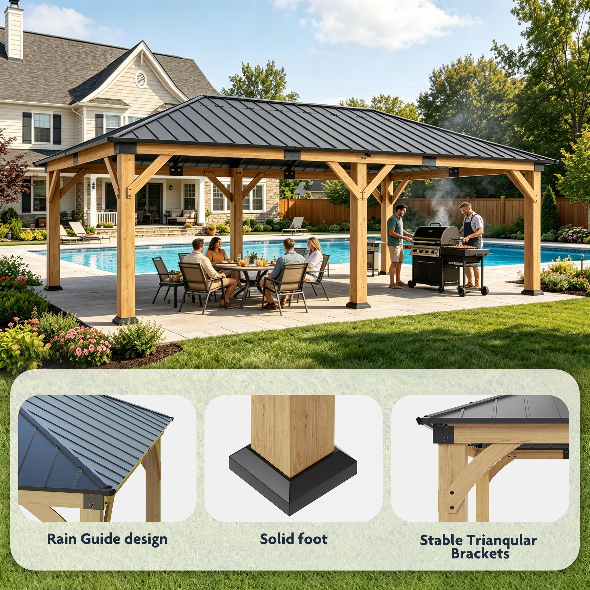 GOHONEI 12x20 ft Wood Gazebo, Hardtop Gazebo with Galvanized Steel Double Roof, Heavy Duty Pavilion for Patio Lawn and Garden