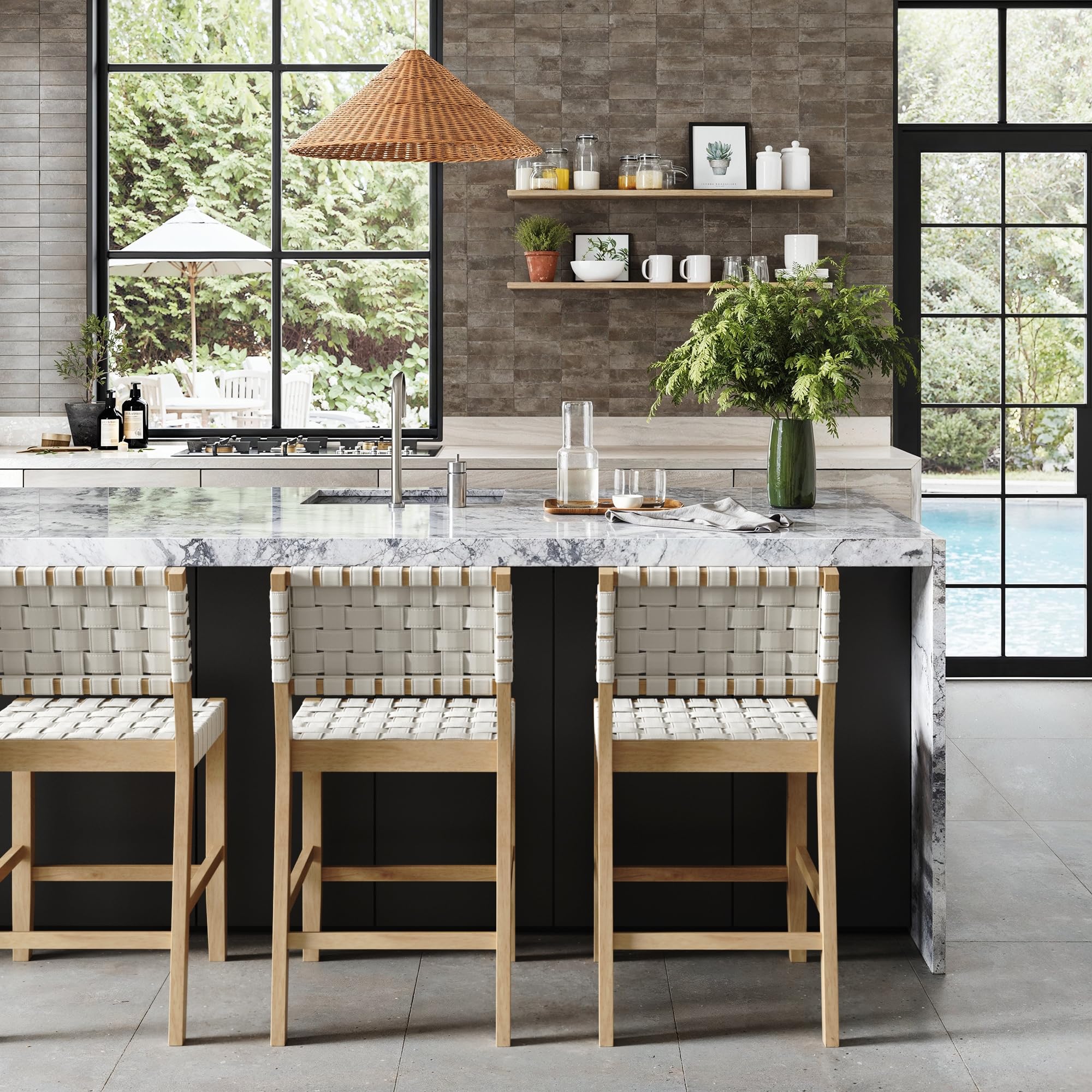 Nathan James Cohen Mid Century Modern Bar Stool, Upholstered Faux Leather Counter Stool with Back and Solid Wood Legs, Off White