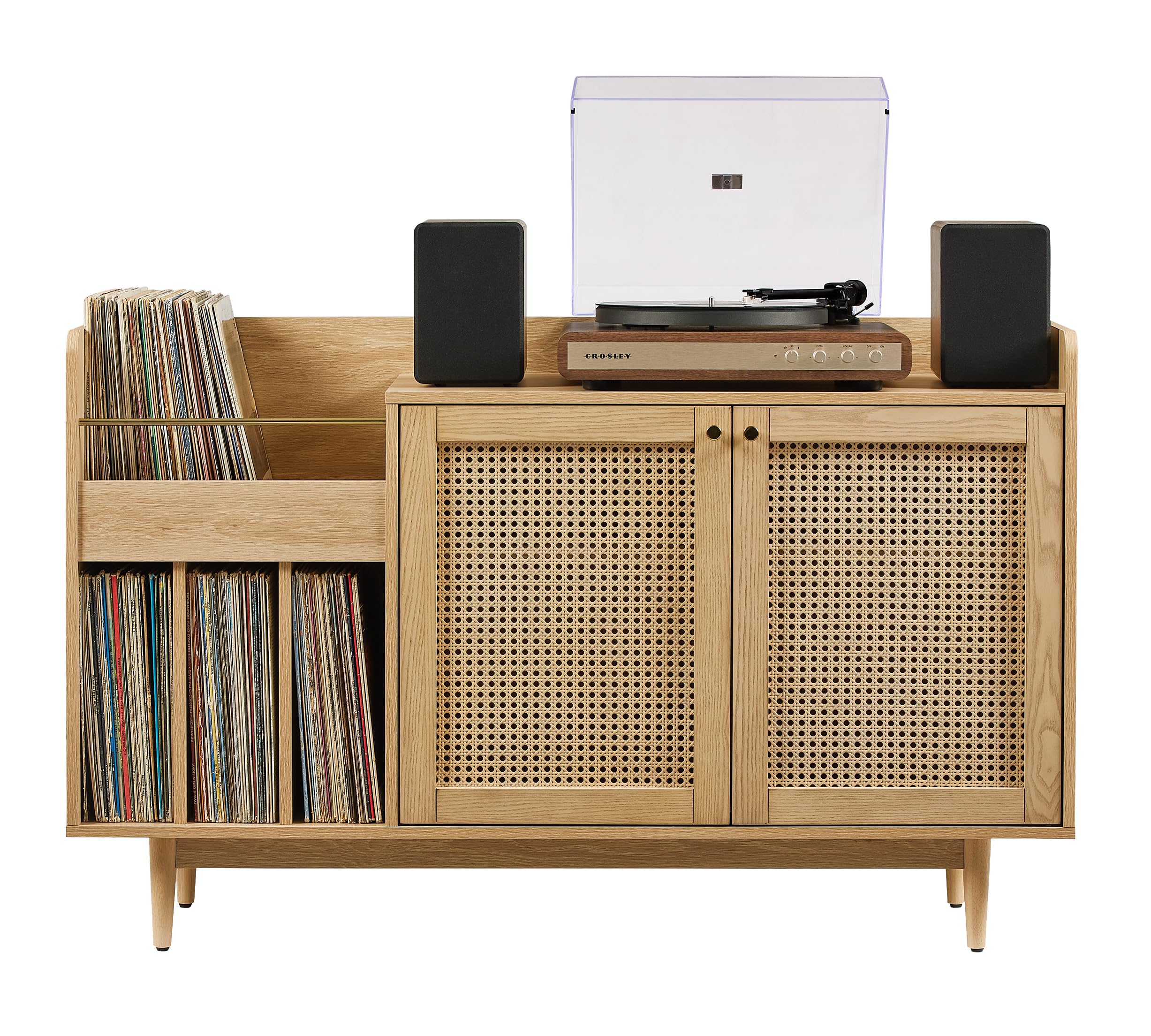 Crosley Furniture Maeve Record Player Cabinet, Vinyl Storage, Rattan Turntable Stand for Records, Ash