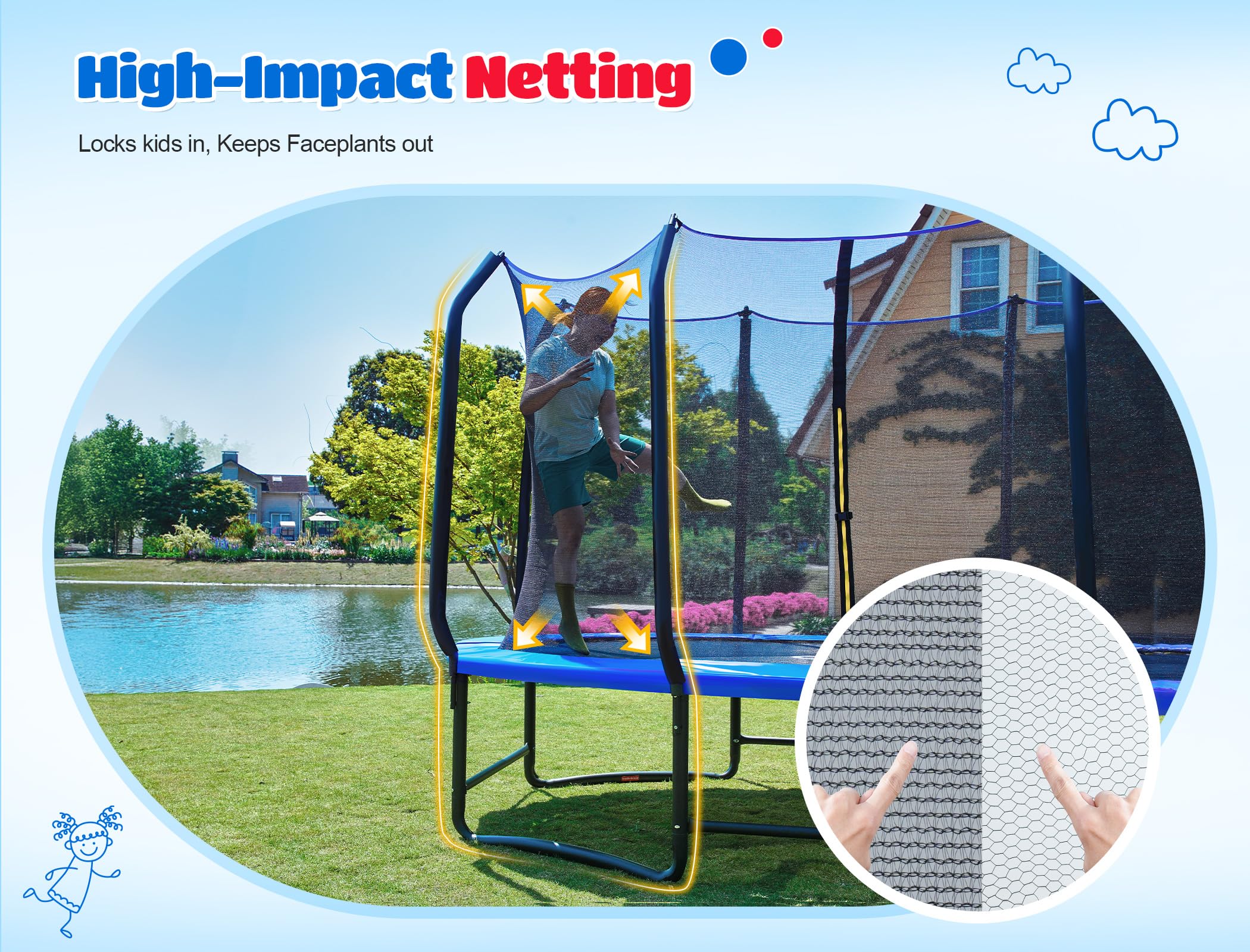 ORCC 7x10 FT Oval Outdoor Trampoline with Safety Net - Recreational Gymnastics Trampoline for Kids, 1200LBS Capacity, Heavy-Duty Galvanized Steel Frame Yard Trampolines