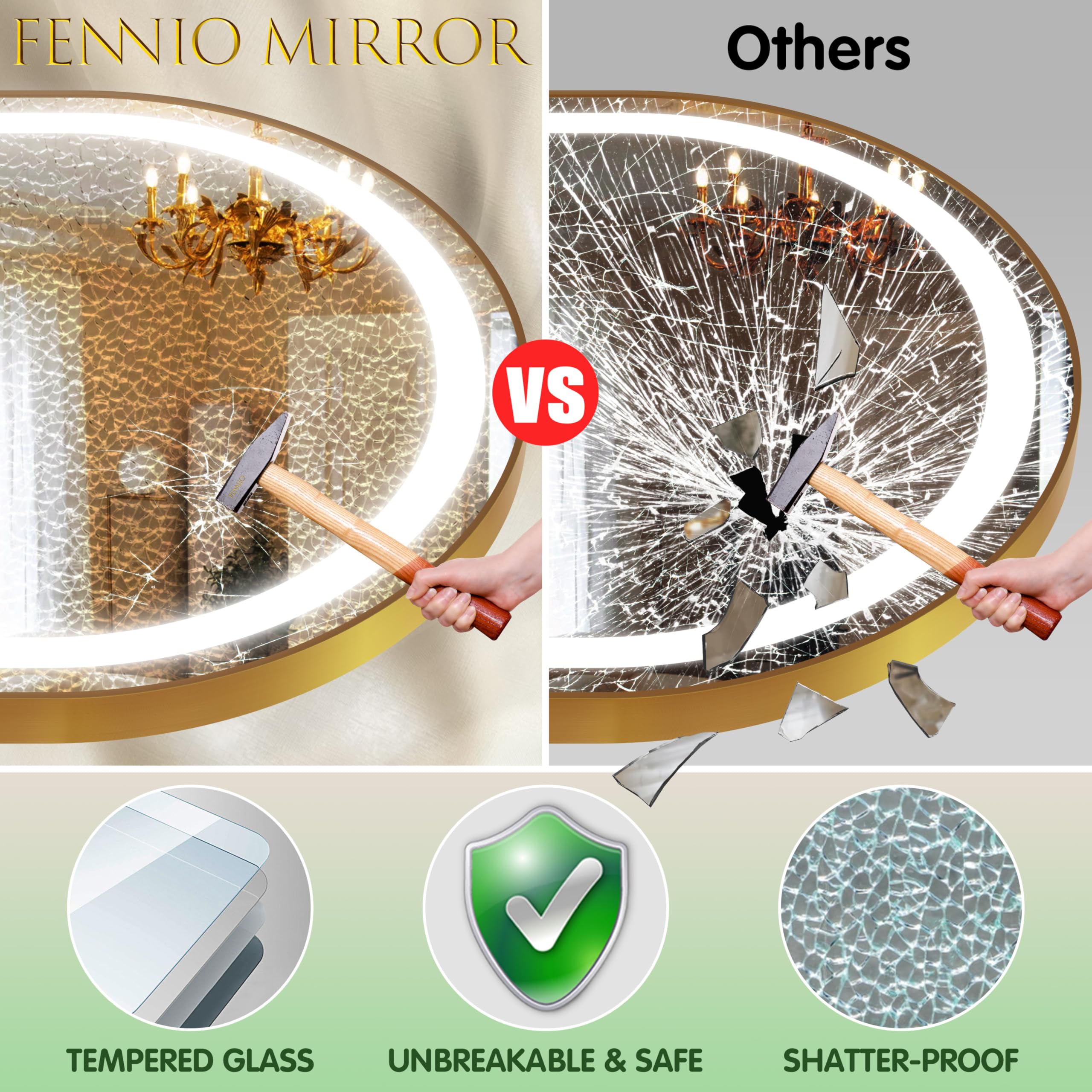 FENNIO 70" x 32" Large Luxury Wall Mounted Mirror with LED Lights - Oval Full Length LED Lighted Full Body Dressing Mirror for Bedroom, Salon, Brushed Aluminum Frame, Tempered Glass