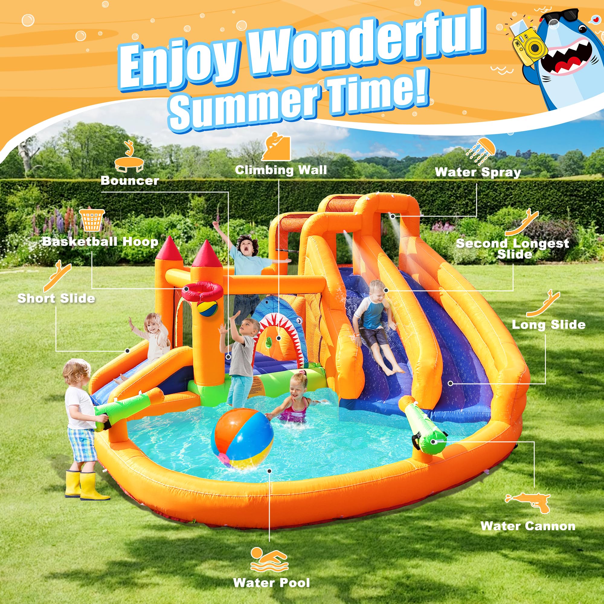 Inflatable Bounce House, Triple Water Slide for Kids with Double Cannon, Climbing Wall, Jumping, Splash Pool, Basketball Hoop for Outdoor Backyard Party, 10 in 1 Giant Castle Included 550W Air Blower