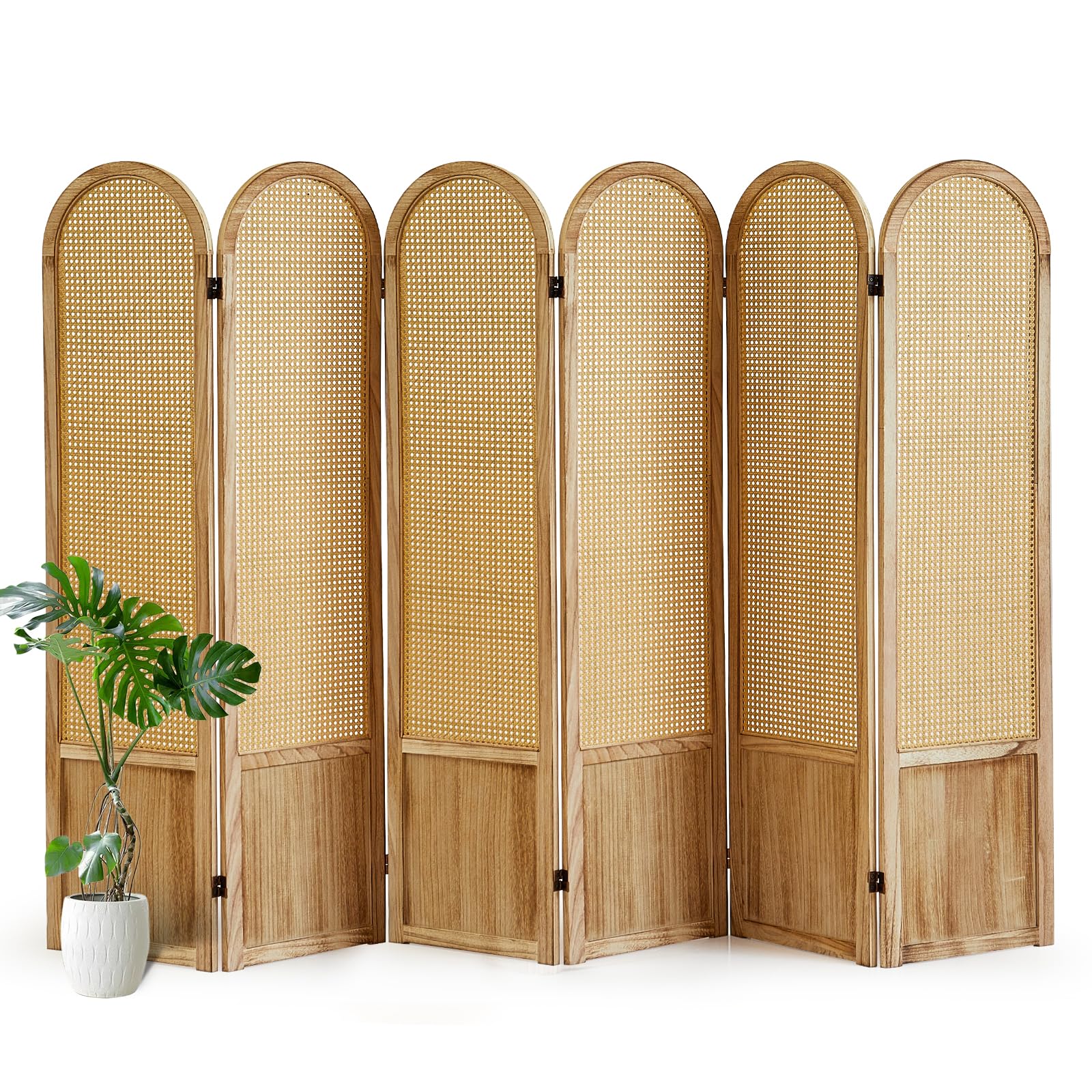 6 Panel Room Divider and Folding Privacy Screen, 5.6 Ft Foldable Double Hinged Rattan Partition, Hand-Woven Rattan Room Divider Portable Wood Freestanding Wall Divider for Room Separation - Natural