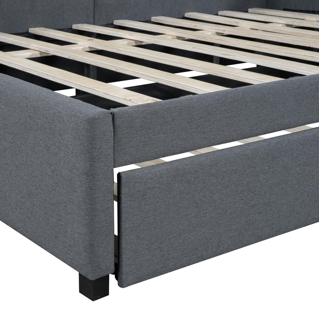 Merax Upholstered Daybed with Trundle, Gray Linen Full Size Sofa Bed Frame, No Box Spring Needed
