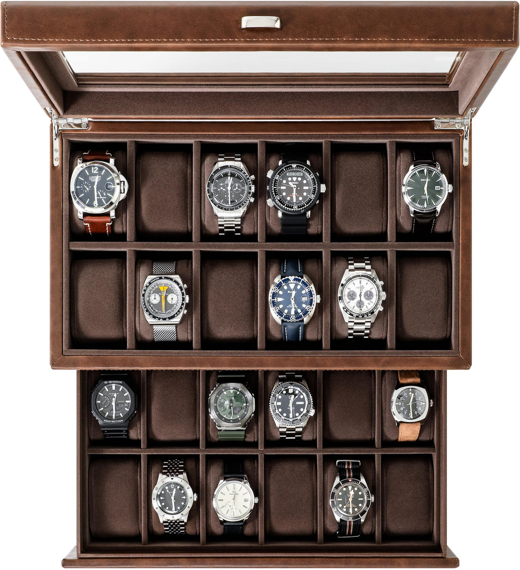 TAWBURY 24 Slot Watch Box for Men - Extra Large Watch Case with Double-Layer Design for Optimized Storage | Removable Drawer for Easy Handling (Brown)