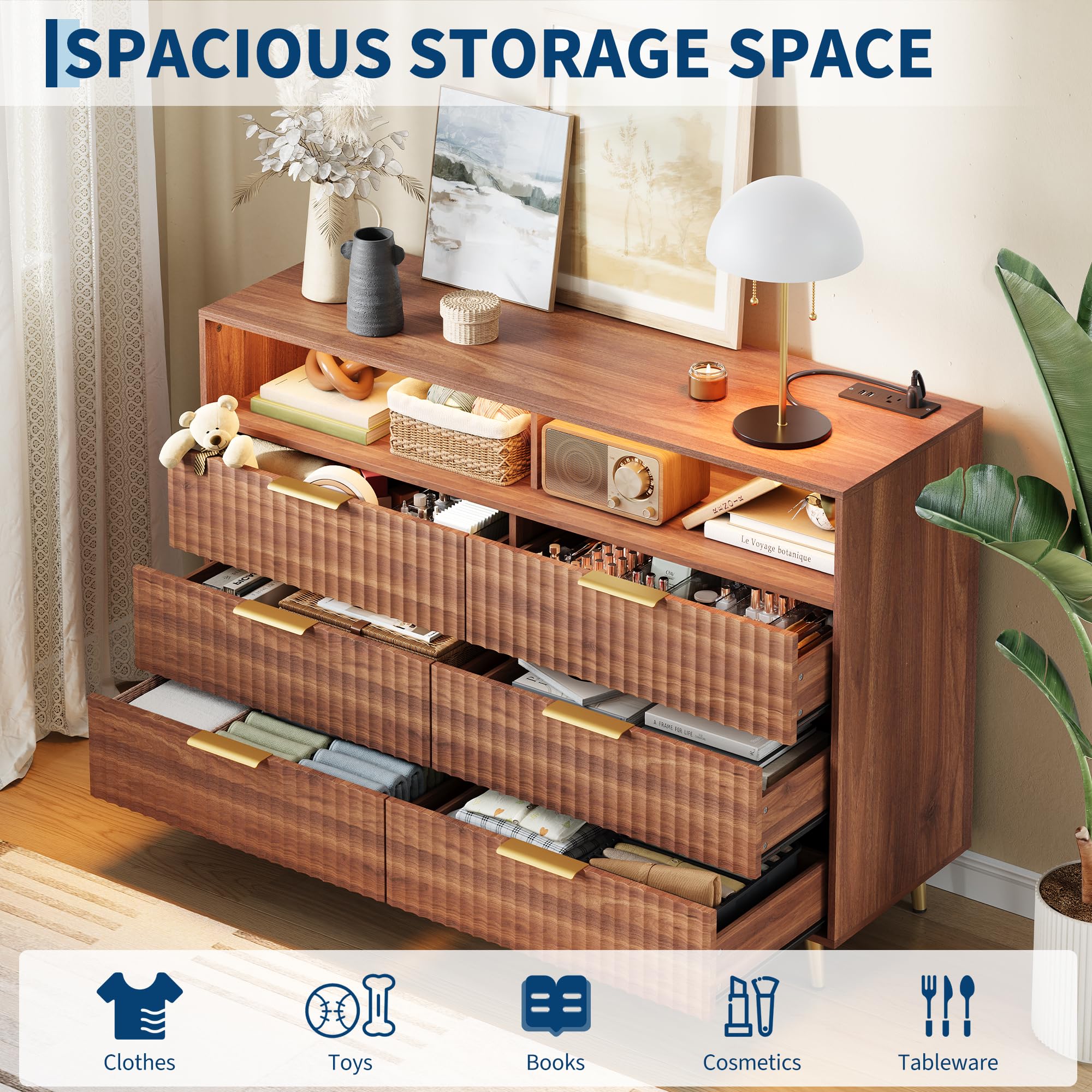 6 Drawers Dresser for Bedroom, 53.9" Wide Dressers with LED Lights and Charging Station, Curved Profile Design, Fluted Wood Drawers with Gold Handle, Modern Chest of Dressers for Living Room, Walnut