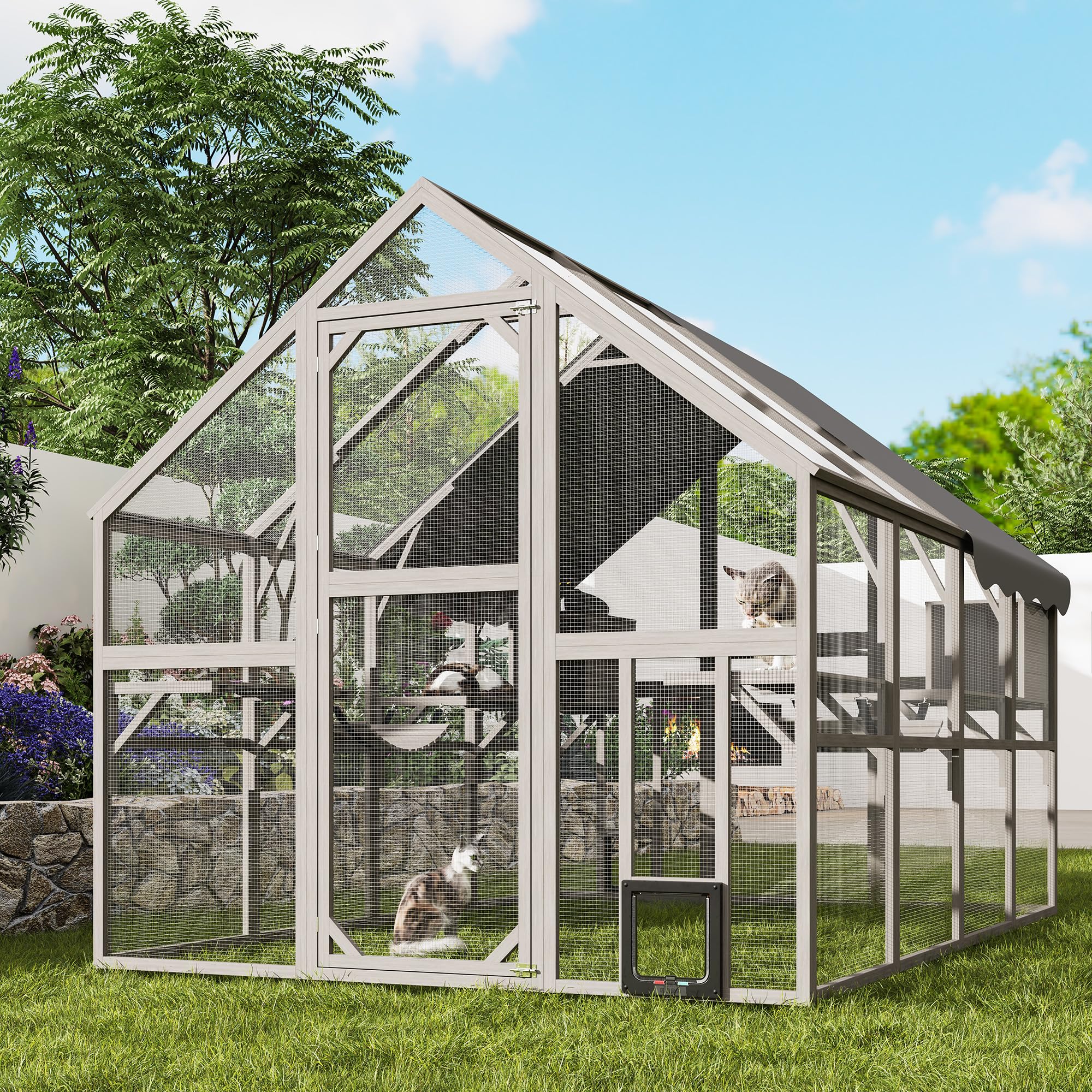 Fansafurn Extra Large Catio – Walk-in Outdoor Cat Enclosure for Multiple Cats, 110" Multi-Level Wood Cat Patio Playpen with Weatherproof Roof, Bridges, Condos and Door Access