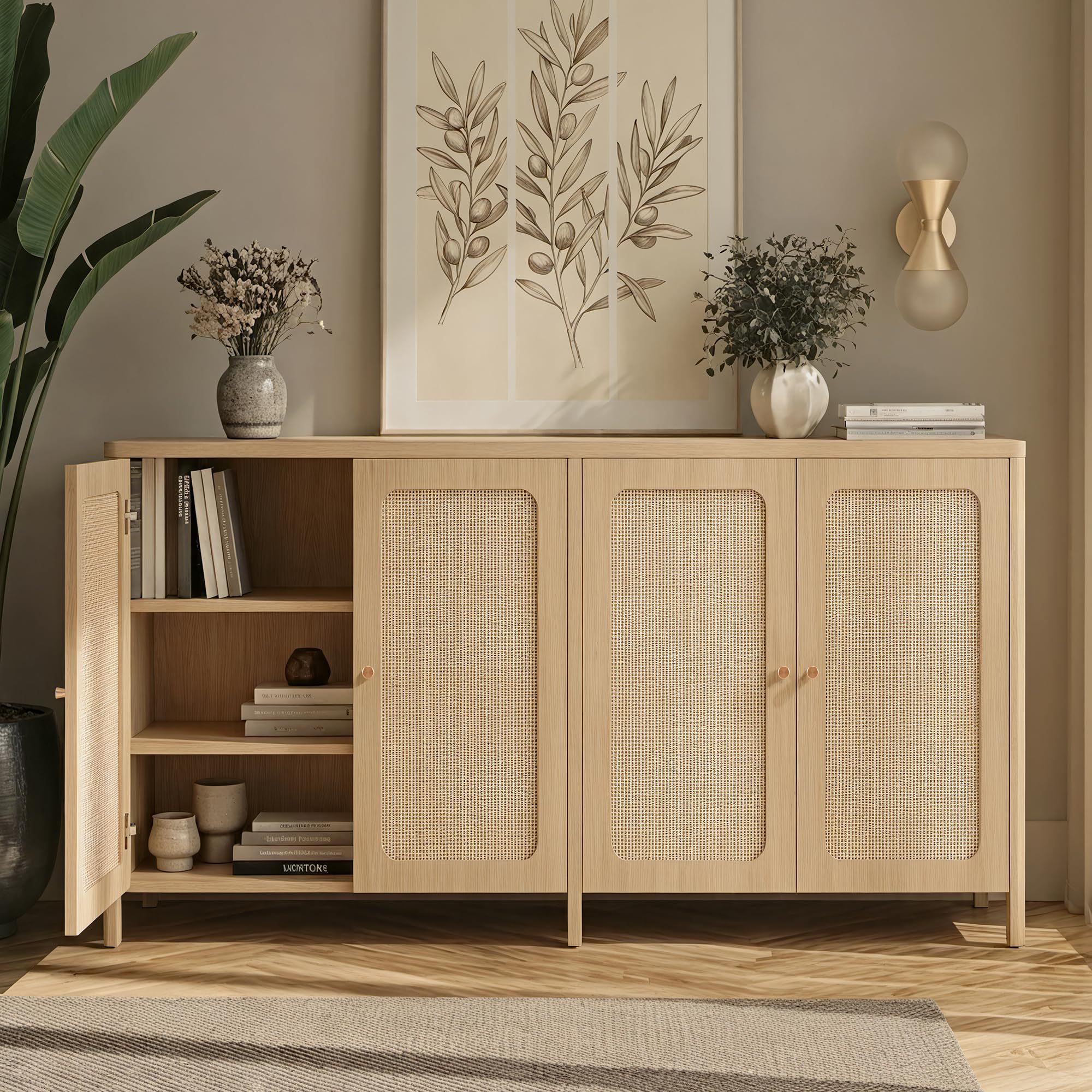 KISLOT 63" Rattan Buffet Cabinet with Storage, Sideboard with Adjustable Shelf, Accent Kitchen Floor Storage Cabinet with 2 Doors, Coffee Bar for Living Room, Entryway, Natural Oak(2 Box)