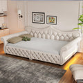 Merax Queen Size Upholstered Daybed with LED Lights & Nail Head Decoration,Convertible Sofa Bed with Tufted Diamond Upholstery,Rolled Armrests,No Box Spring Needed for Living Room,Beige