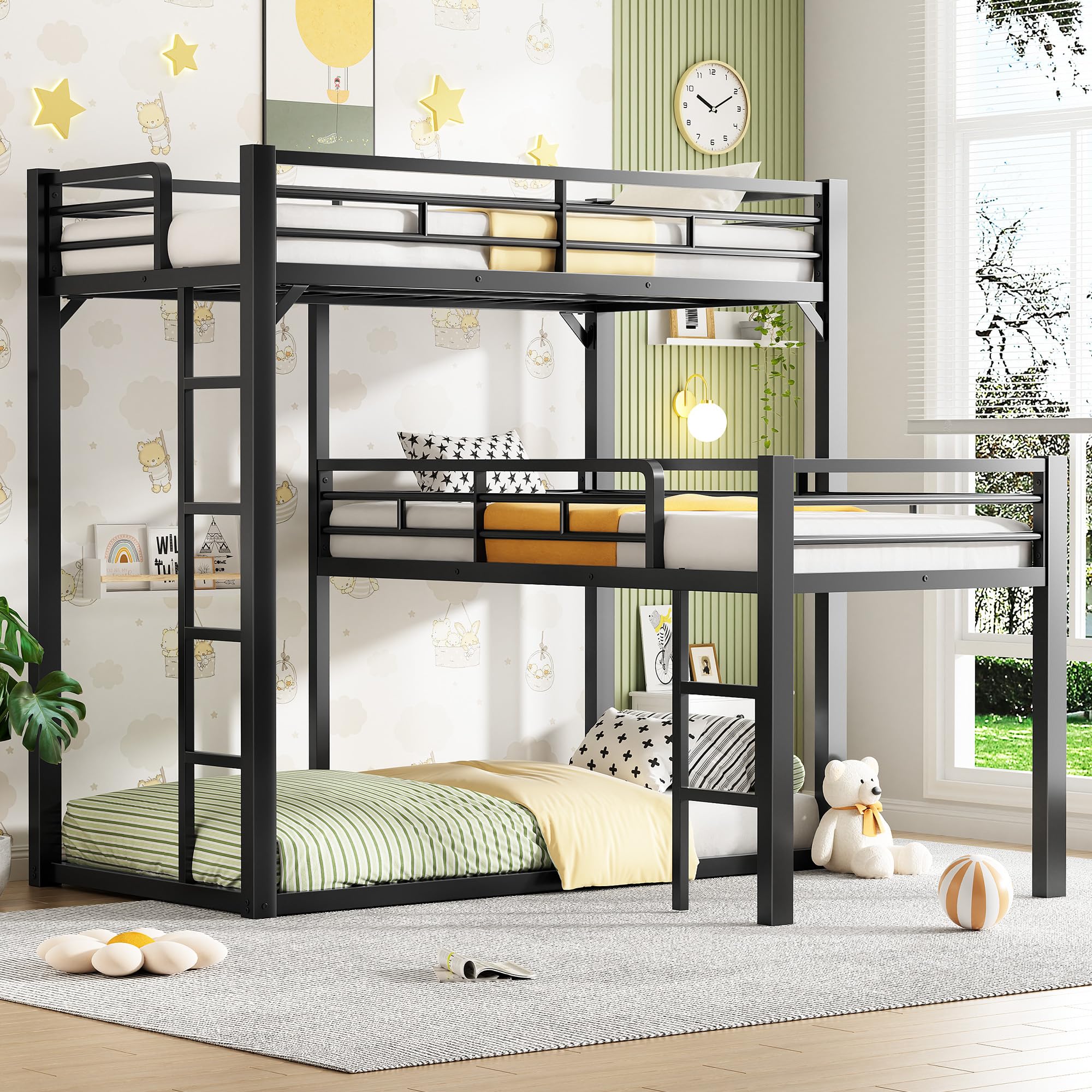 PVWIIK Heavy Duty L-Shaped Triple Bunk Bed for Kids Bedroom,Twin Over Twin Over Twin Metal Bunkbeds with Ladder & Safety Guardrail,Easy Assembly Metal Bed Frame, Black