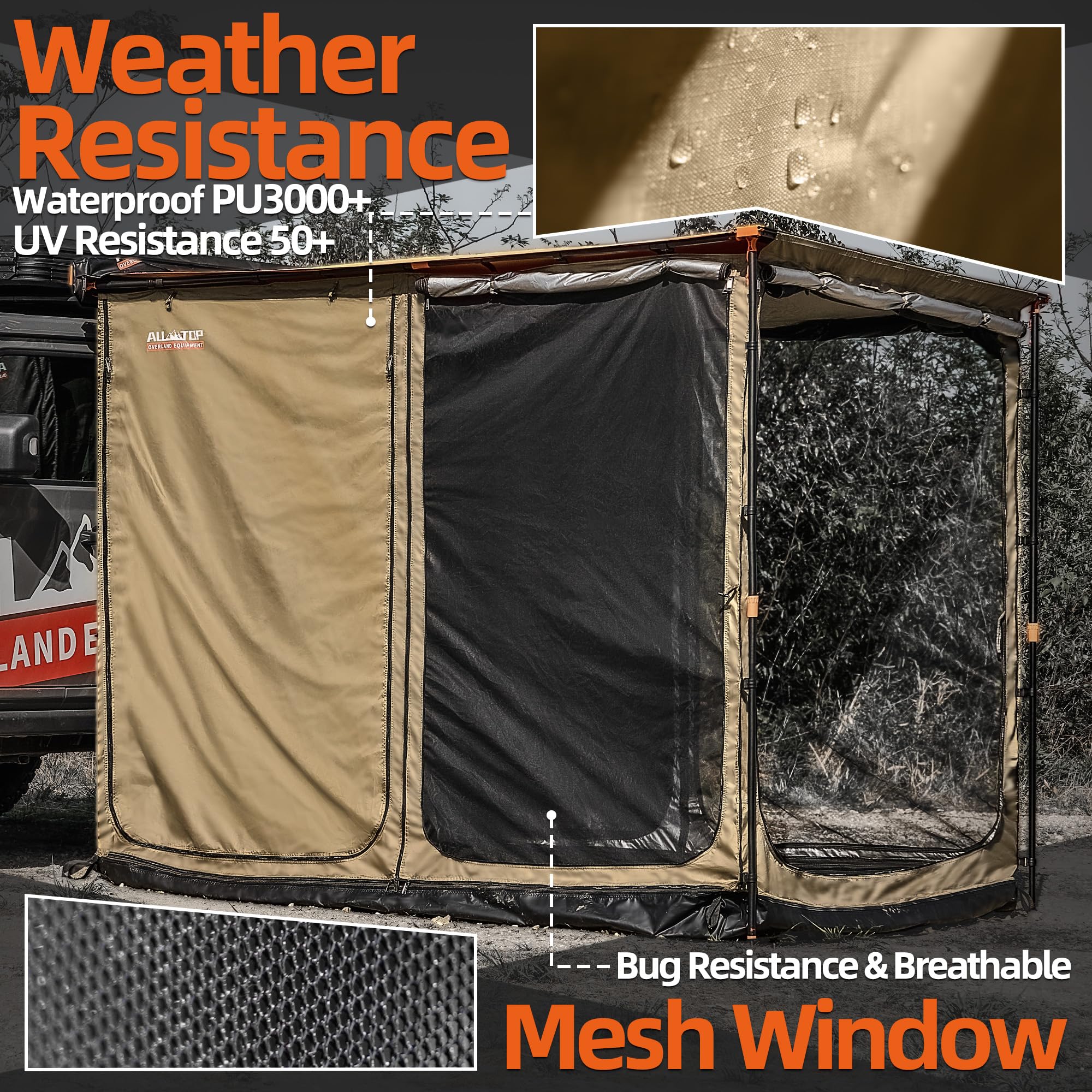 ALL-TOP Awning Room with Floor 6.6' x 8.2' Rip-Stop 420D Oxford Awning Tent with Bug-Resistance Mesh, Waterproof Sun Shelter for Overland, Camping(Room Only)