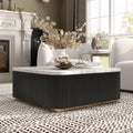 Furniture of America Beryl Modern Square White Genuine Marble Top Coffee Table with Fluted Pedestal Base and Gold Stainless Steel Accent, Low Profile Table for Living Room, Home Office, Black