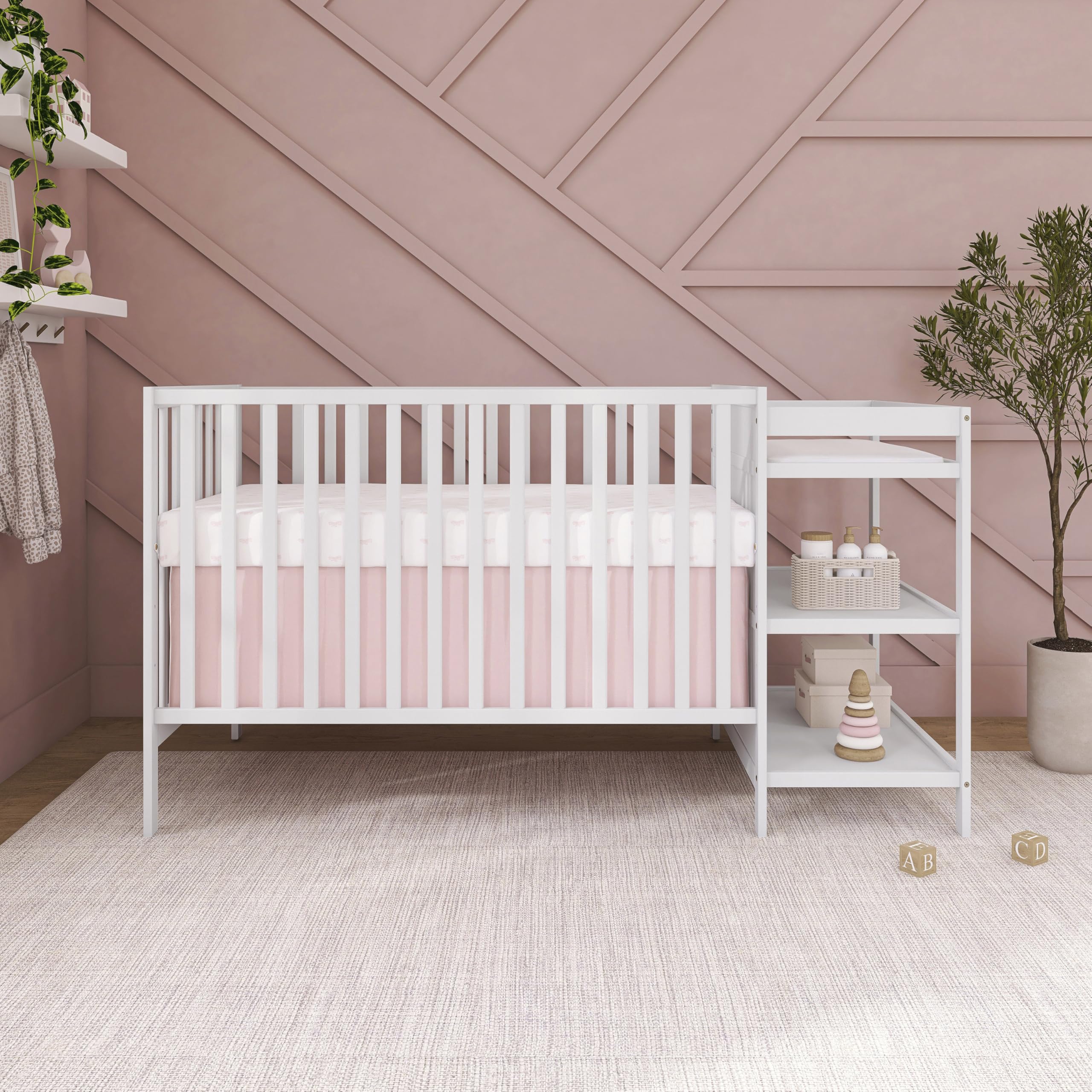 Dream On Me Synergy 3-in-1 Convertible Full-Size Baby Crib & Changer, White, Open Storage, GreenGuard Gold & JPMA, Pinewood, Converts to Day & Toddler Bed, 4 Mattress Heights, 1″ Changing Pad,
