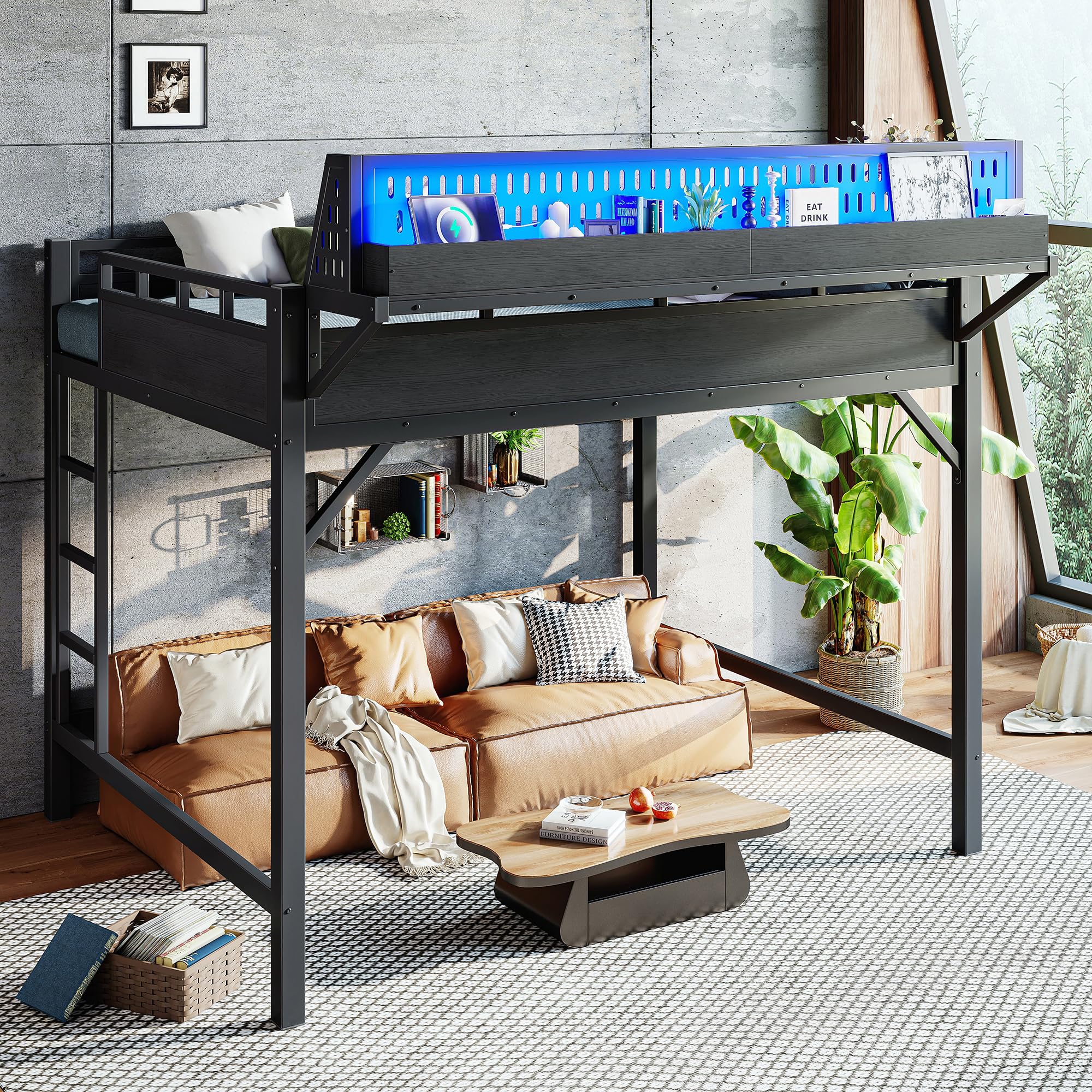 KEIKI Queen Size Metal Loft Bed Frame with Storage Shelves & Pegboard, Modern Loft Bed with USB Ports and LED Lights for Adults Studio Apartments Home Offices & Multifunction Bedrooms