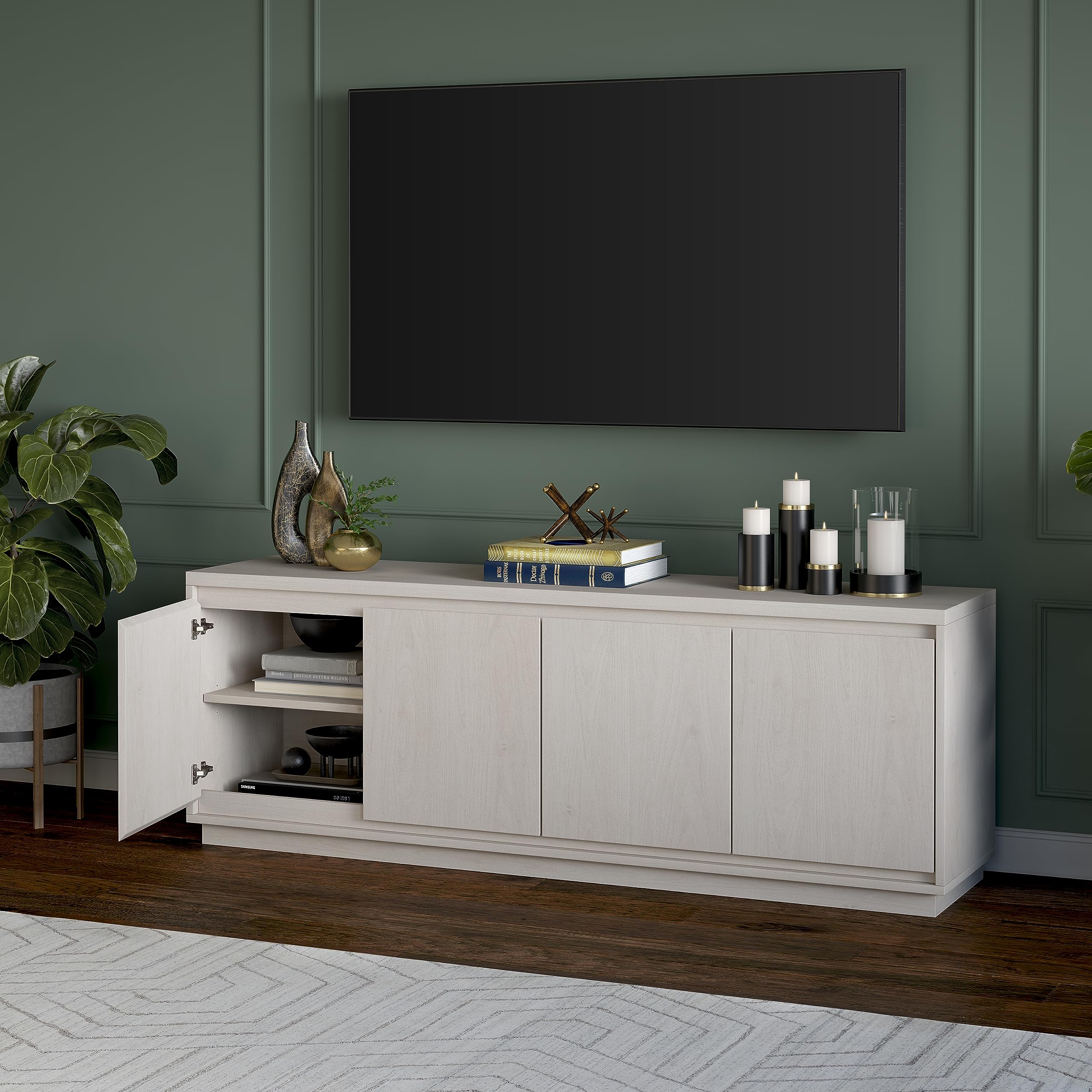 Henn&Hart TV Stand for TVs up to 75'' with 2 Concealed Storage Cabinets and Adjustable Shelves for Living Room, Family Room, or Office, Alder White