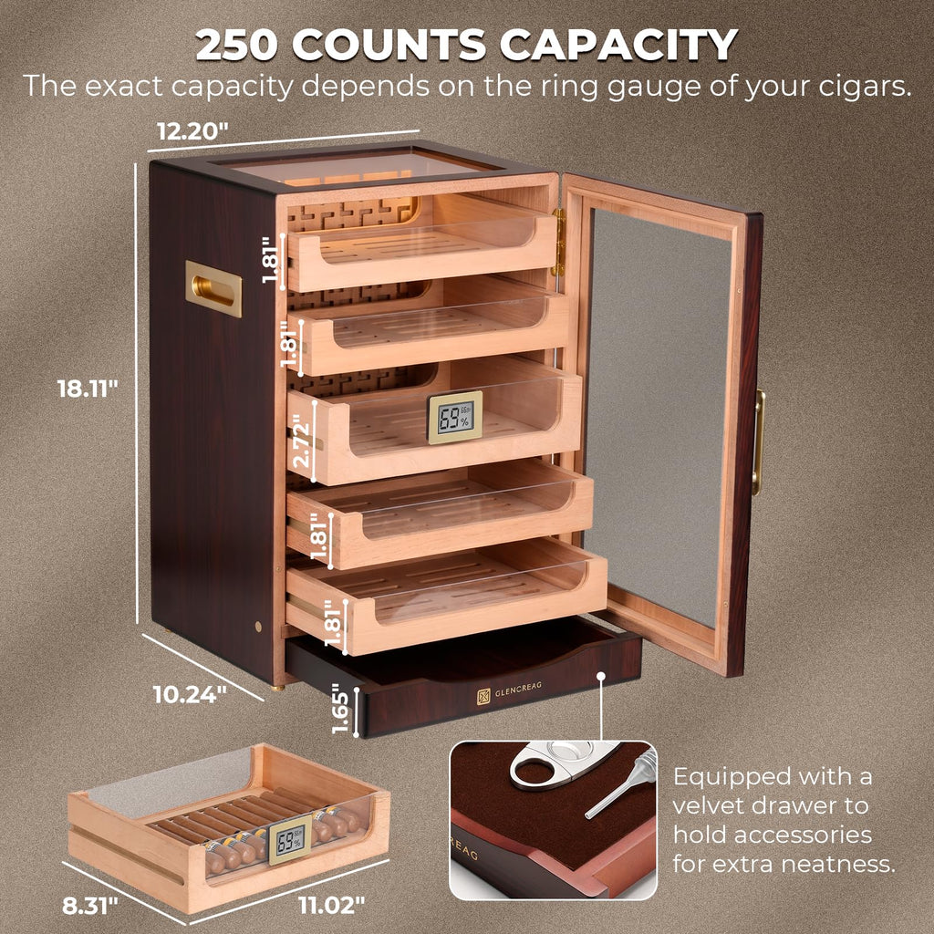 GLENCREAG M26FM-B Cigar Humidor Cabinet for 250 Cigars – Spanish Cedar Lining, Digital Hygrometer, Magnetic Seal, 5 Drawers & Accessory Storage, Transparent Top View Window– Gift for Cigar Aficionados
